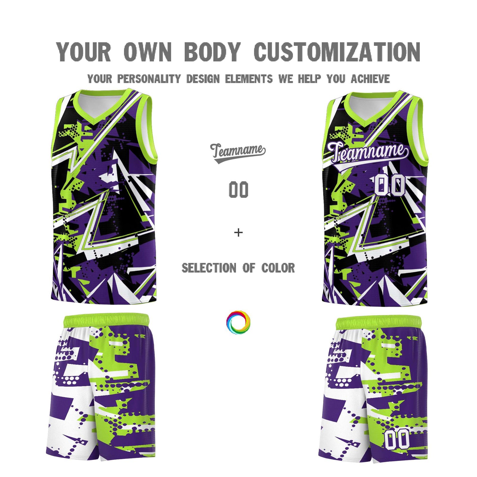 Custom Youth Basketball Jerseys Purple Neon Green Abstract Graffiti Personalized Team Name & Number