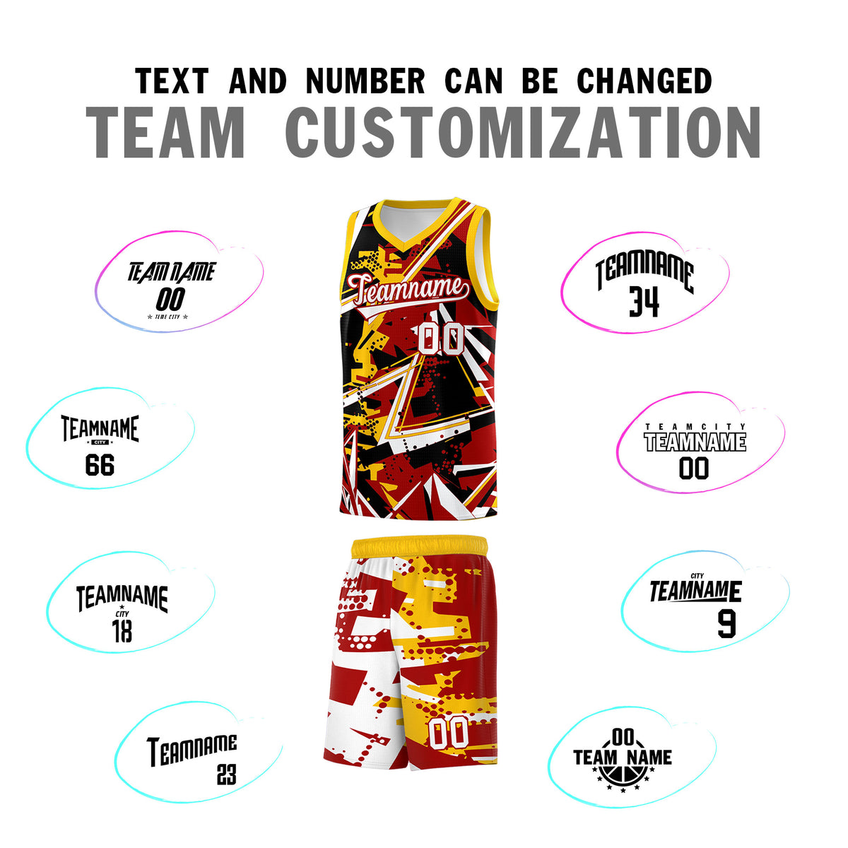 Custom Youth Basketball Jerseys Red Yellow Abstract Graffiti Personalized Street Style Uniform