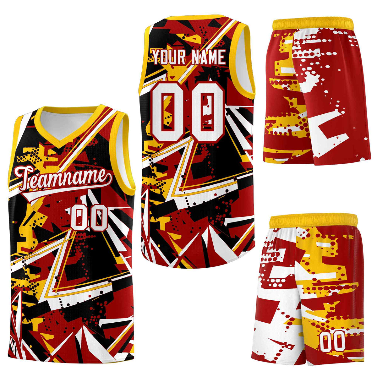 Custom Youth Basketball Jerseys Red Yellow Abstract Graffiti Personalized Street Style Uniform