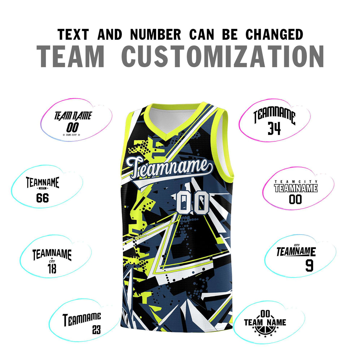 Custom Youth Basketball Jerseys Midnight Blue Fluorescent Green Abstract Graffiti Urban Style Personalized Uniform
