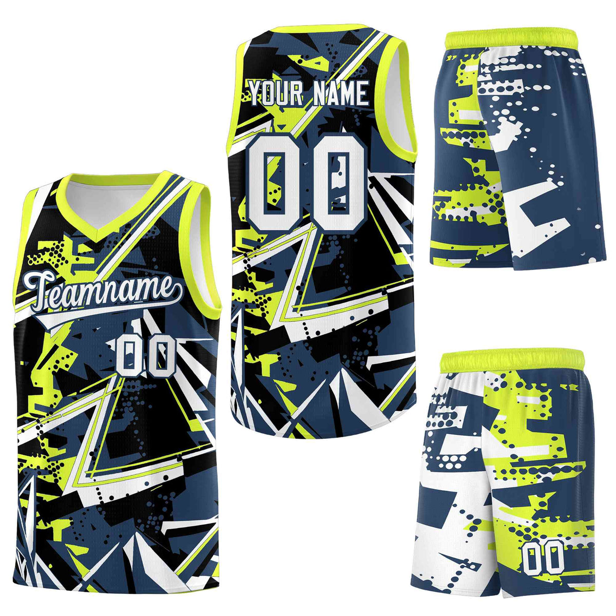 Custom Youth Basketball Jerseys Midnight Blue Fluorescent Green Abstract Graffiti Urban Style Personalized Uniform