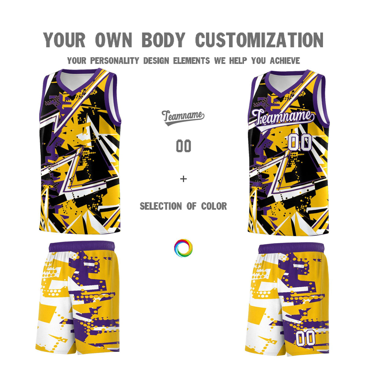 Custom Youth Basketball Jerseys Yellow Purple Abstract Graffiti Personalized Team Name &amp; Number