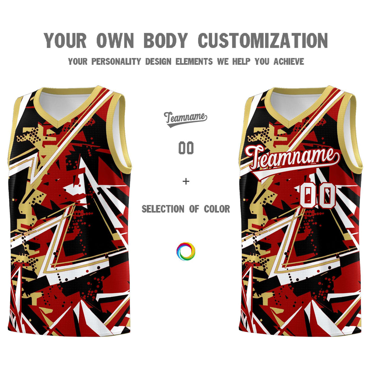 Custom Youth Basketball Jerseys Red Old Gold Abstract Graffiti Personalized Team Name &amp; Number