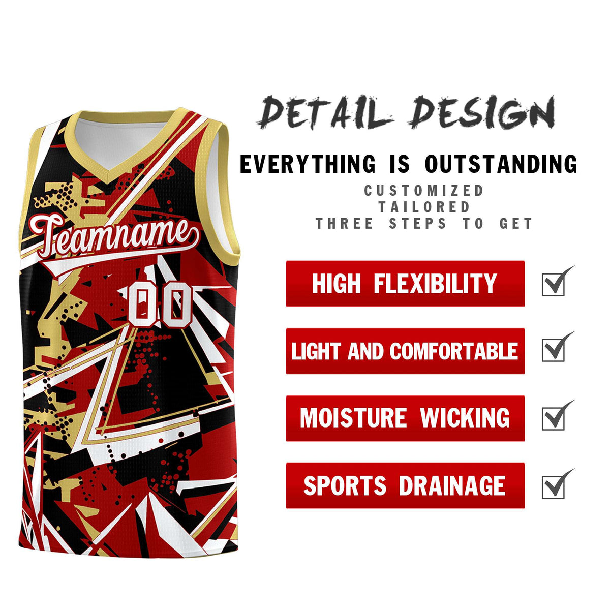 Custom Youth Basketball Jerseys Red Old Gold Abstract Graffiti Personalized Team Name &amp; Number