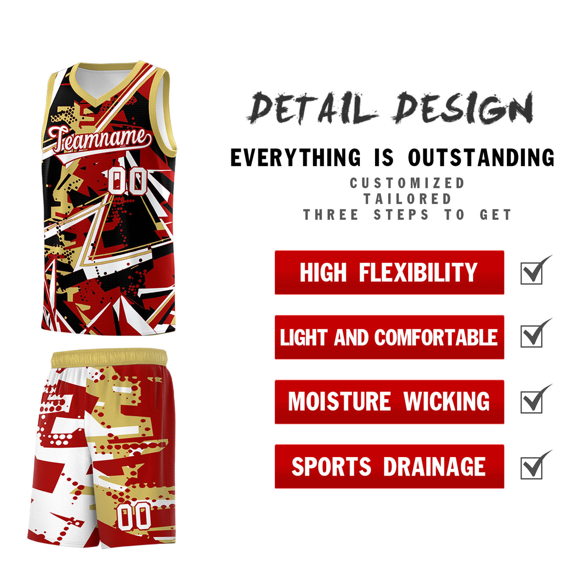 Custom Youth Basketball Jerseys Red Old Gold Abstract Graffiti Personalized Team Name &amp; Number