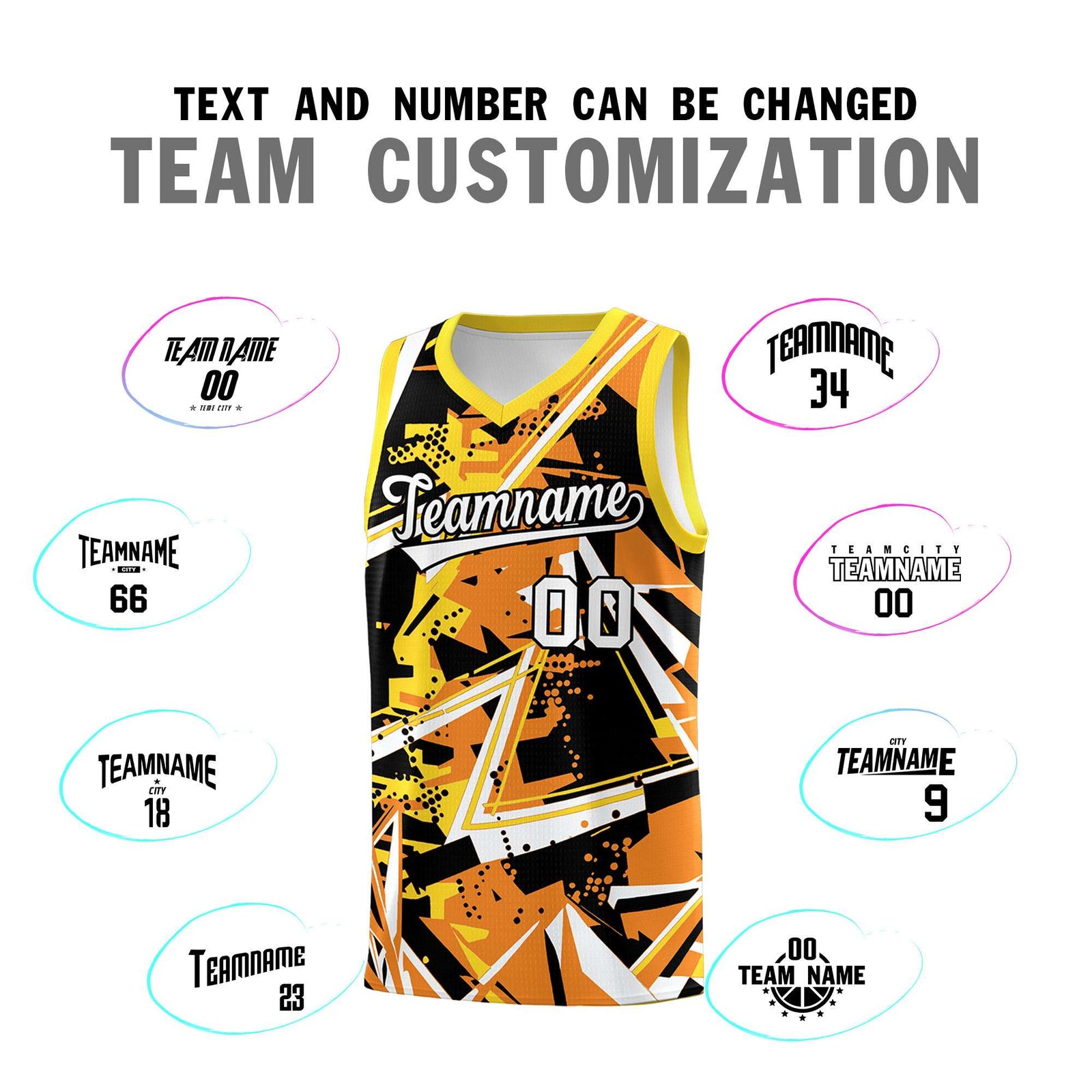 Custom Youth Basketball Jerseys Orange Gold Abstract Graffiti Personalized Street Style Uniform