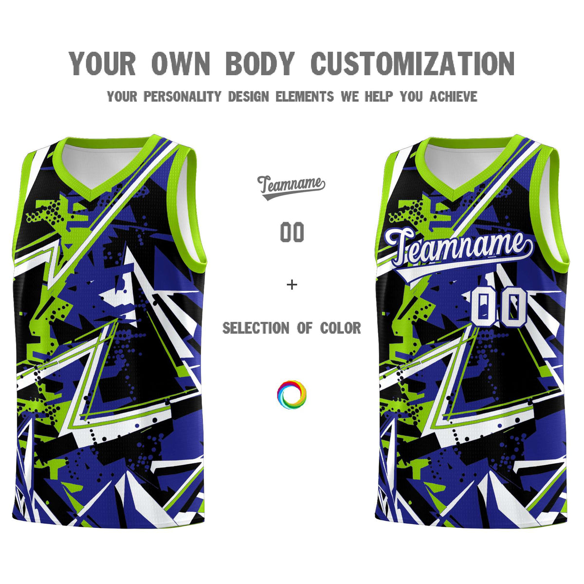 Custom Youth Basketball Jerseys Royal Neon Green Abstract Graffiti Urban Style Personalized Uniform