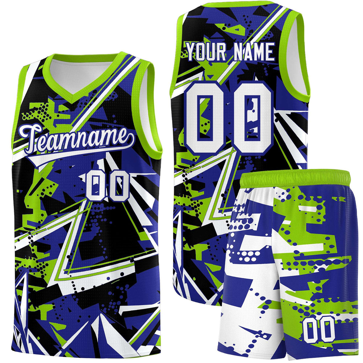 Custom Youth Basketball Jerseys Royal Neon Green Abstract Graffiti Urban Style Personalized Uniform