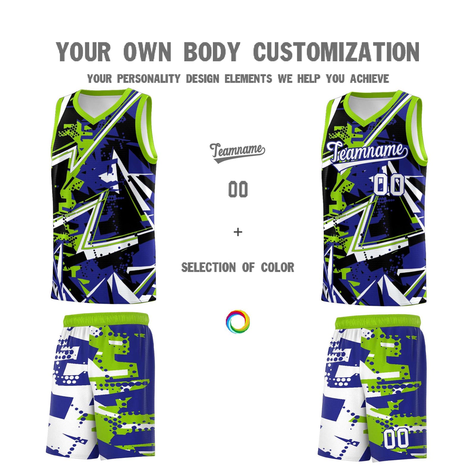 Custom Youth Basketball Jerseys Royal Neon Green Abstract Graffiti Urban Style Personalized Uniform