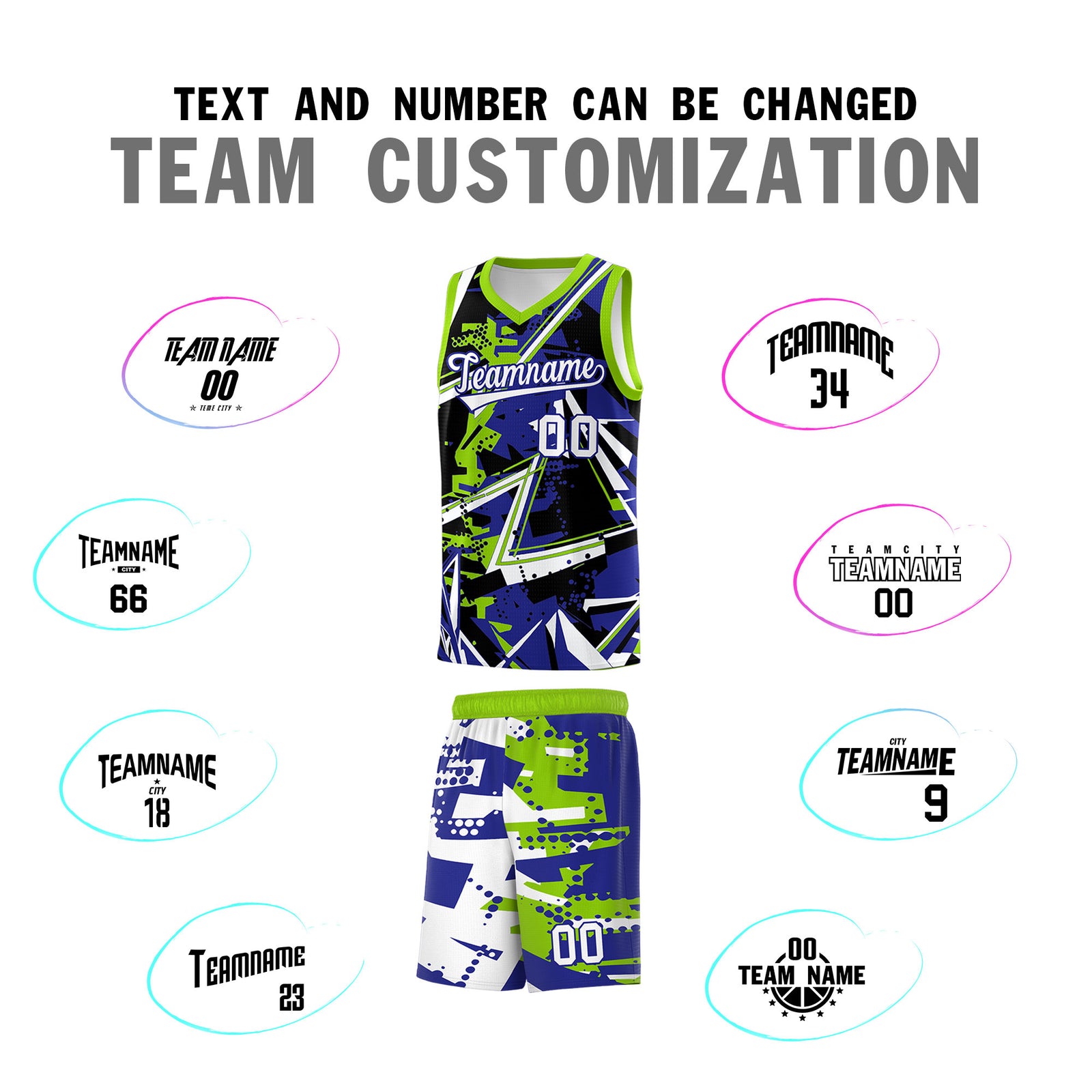 Custom Youth Basketball Jerseys Royal Neon Green Abstract Graffiti Urban Style Personalized Uniform