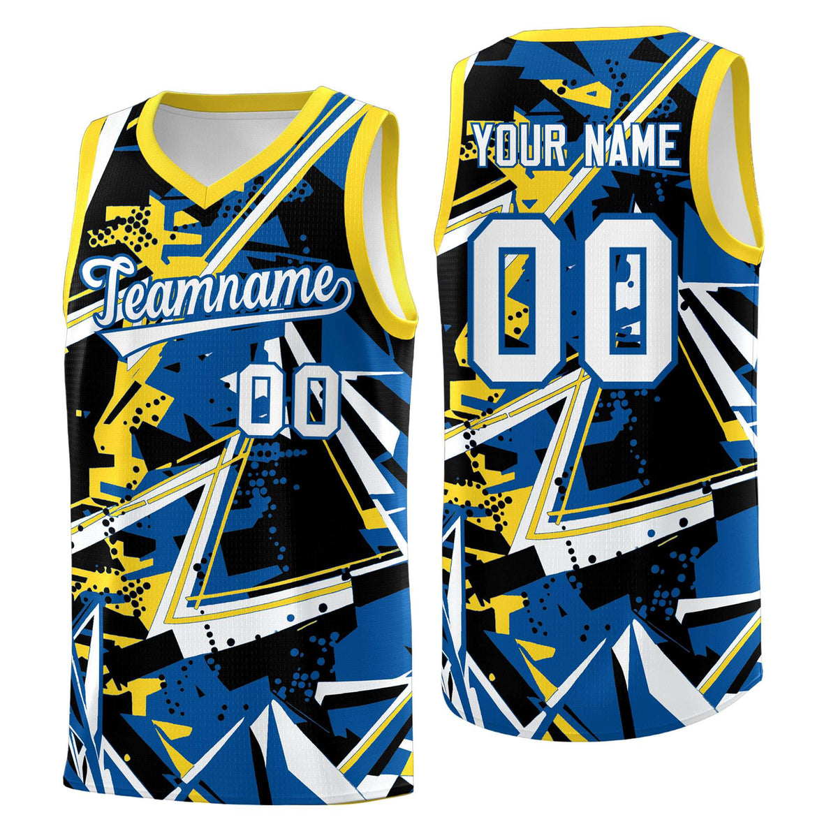 Custom Youth Basketball Jerseys Royal Gold Abstract Graffiti Personalized Team Name & Number