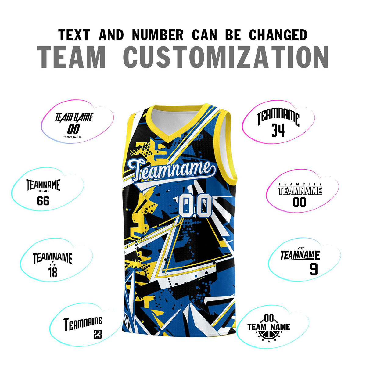 Custom Youth Basketball Jerseys Royal Gold Abstract Graffiti Personalized Team Name & Number