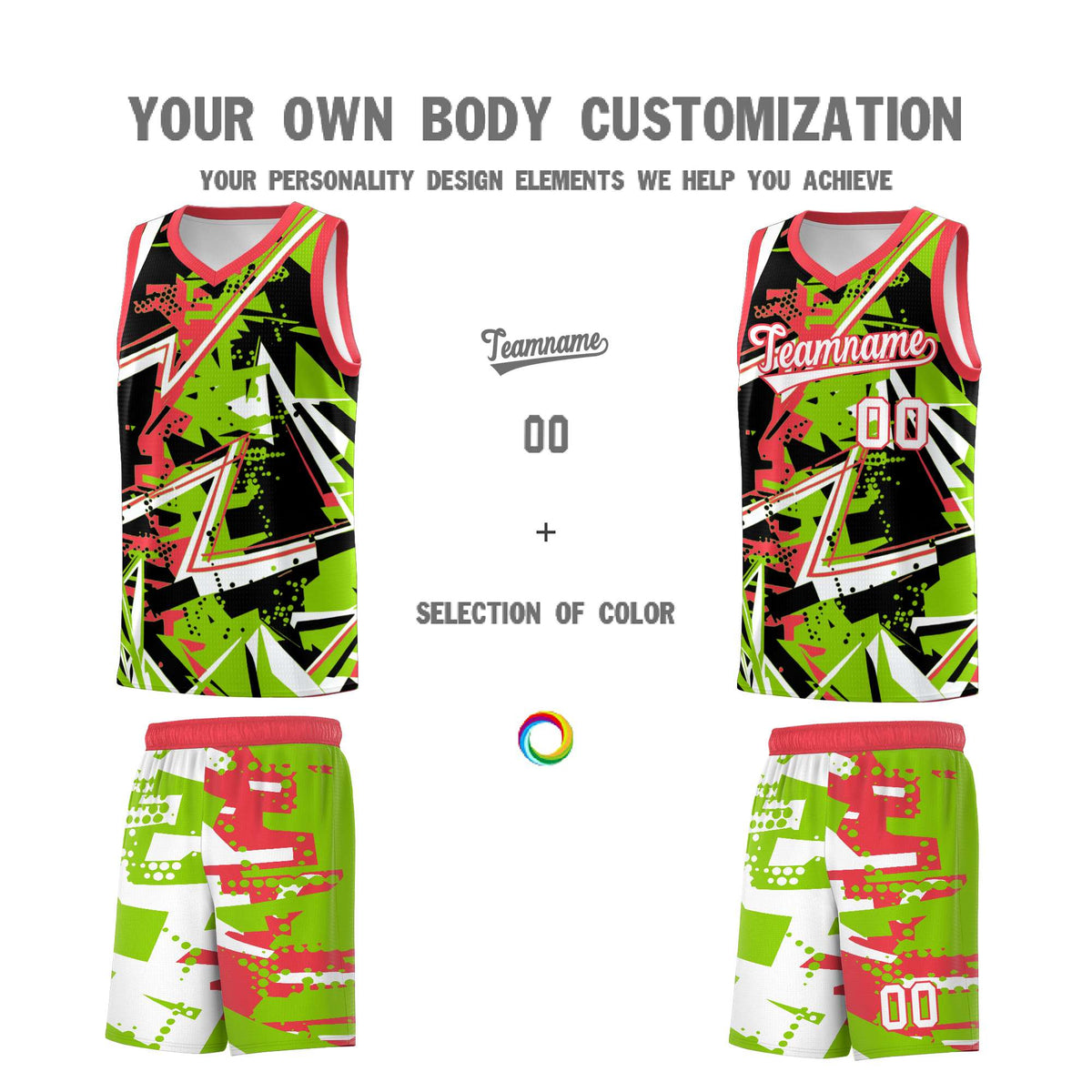 Custom Youth Basketball Jerseys Neon Green Light Red Abstract Graffiti Personalized Street Style Uniform
