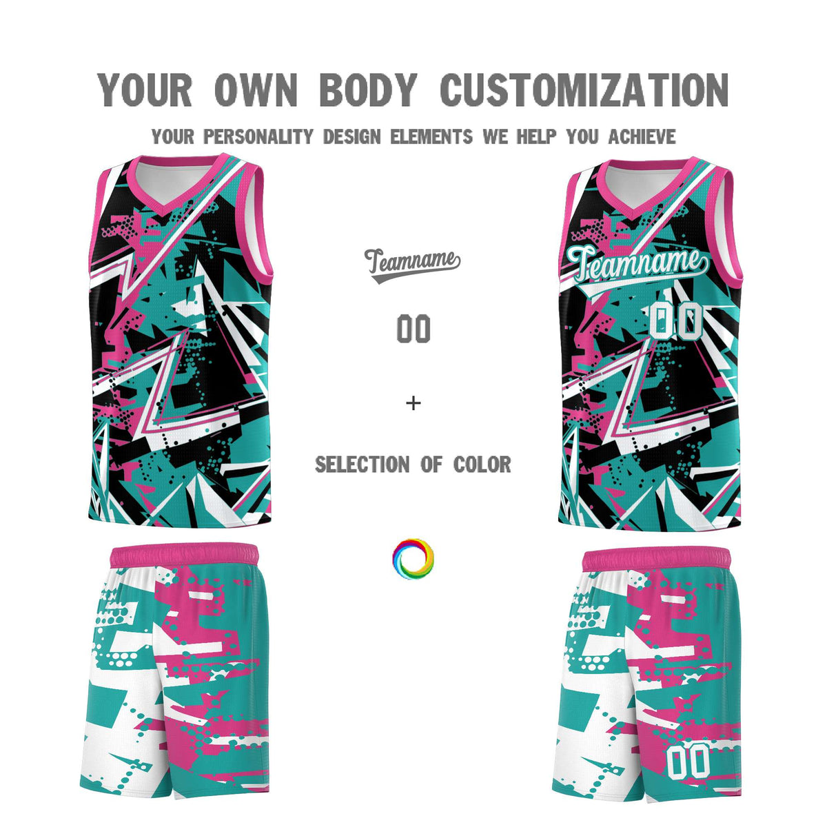 Custom Youth Basketball Jerseys Aqua Rose Red Abstract Graffiti Urban Style Personalized Uniform