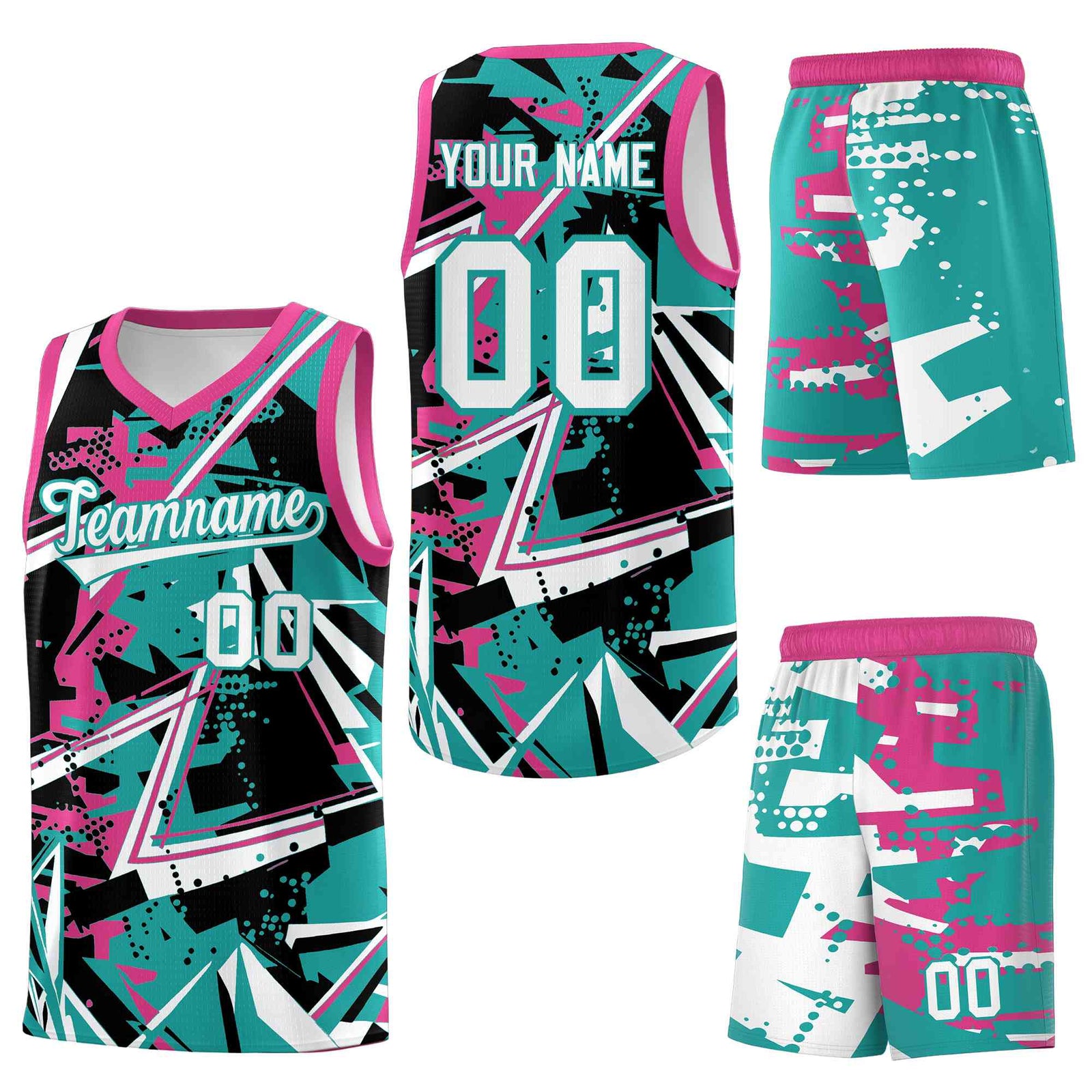Custom Youth Basketball Jerseys Aqua Rose Red Abstract Graffiti Urban Style Personalized Uniform