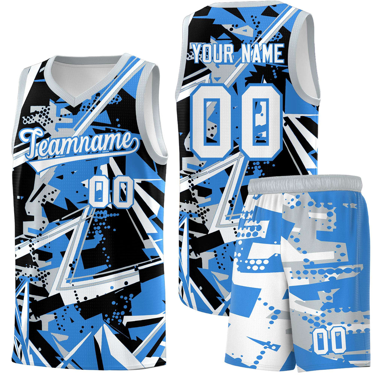 Custom Youth Basketball Jerseys Light Blue Silver Abstract Graffiti Personalized Team Name &amp; Number