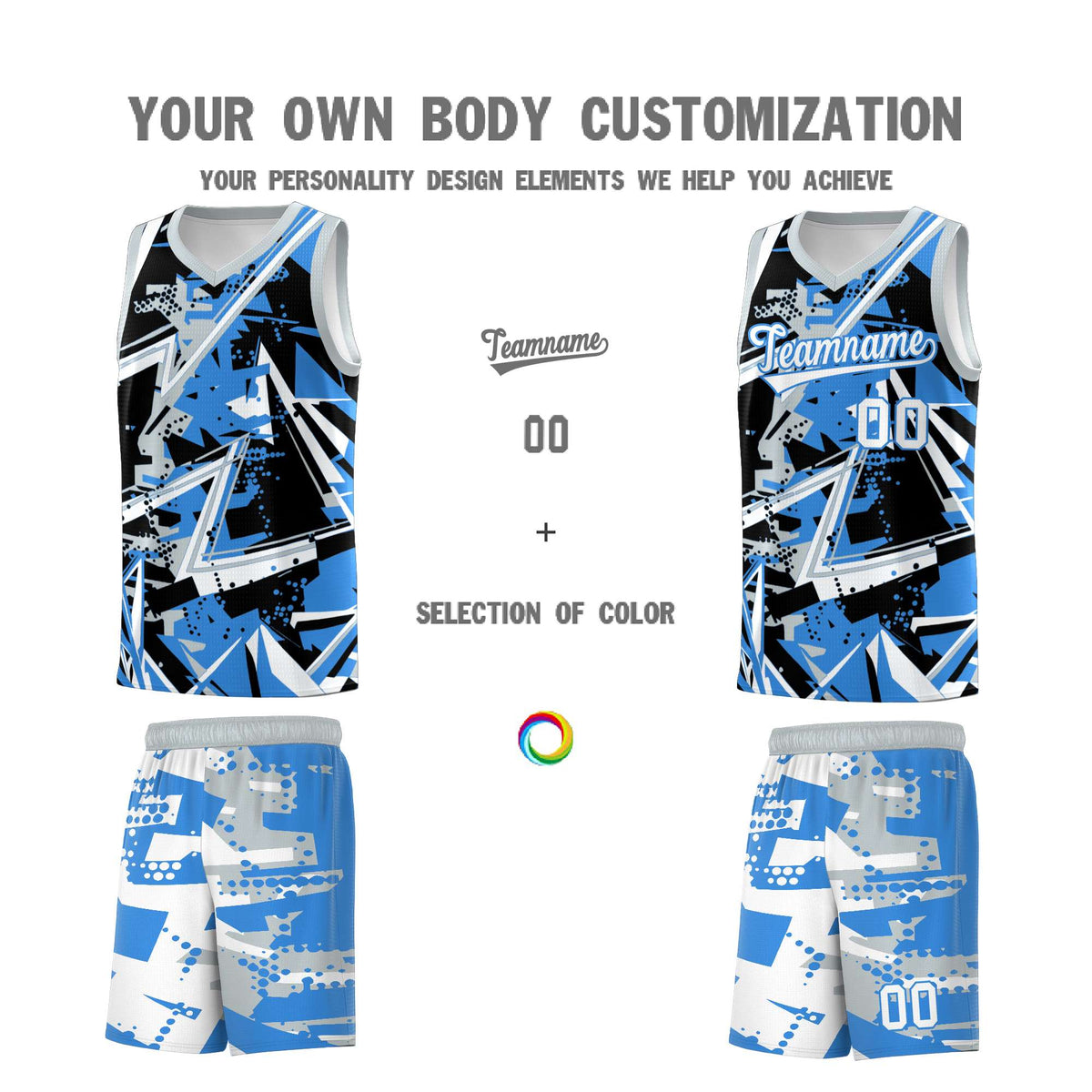 Custom Youth Basketball Jerseys Light Blue Silver Abstract Graffiti Personalized Team Name &amp; Number