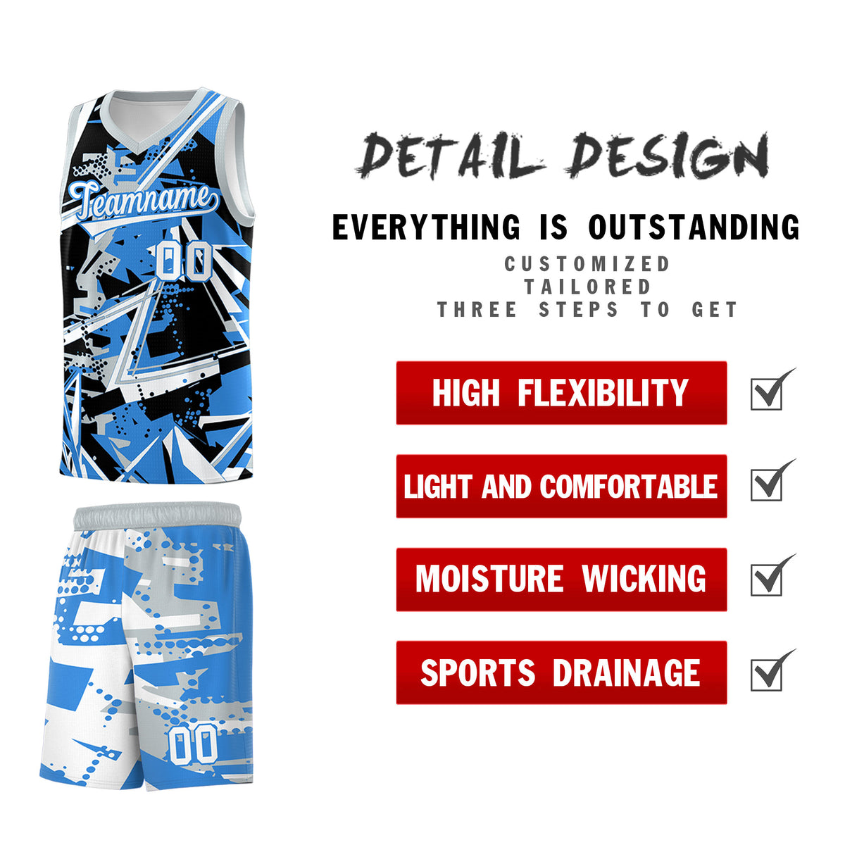 Custom Youth Basketball Jerseys Light Blue Silver Abstract Graffiti Personalized Team Name &amp; Number