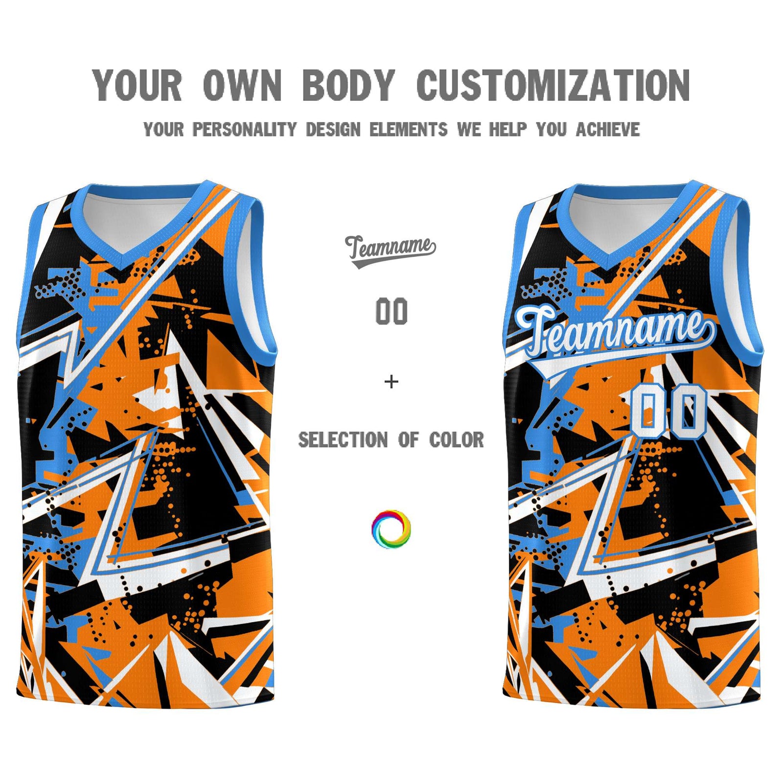Custom Youth Basketball Jerseys Orange Light Blue Abstract Graffiti Personalized Street Style Uniform