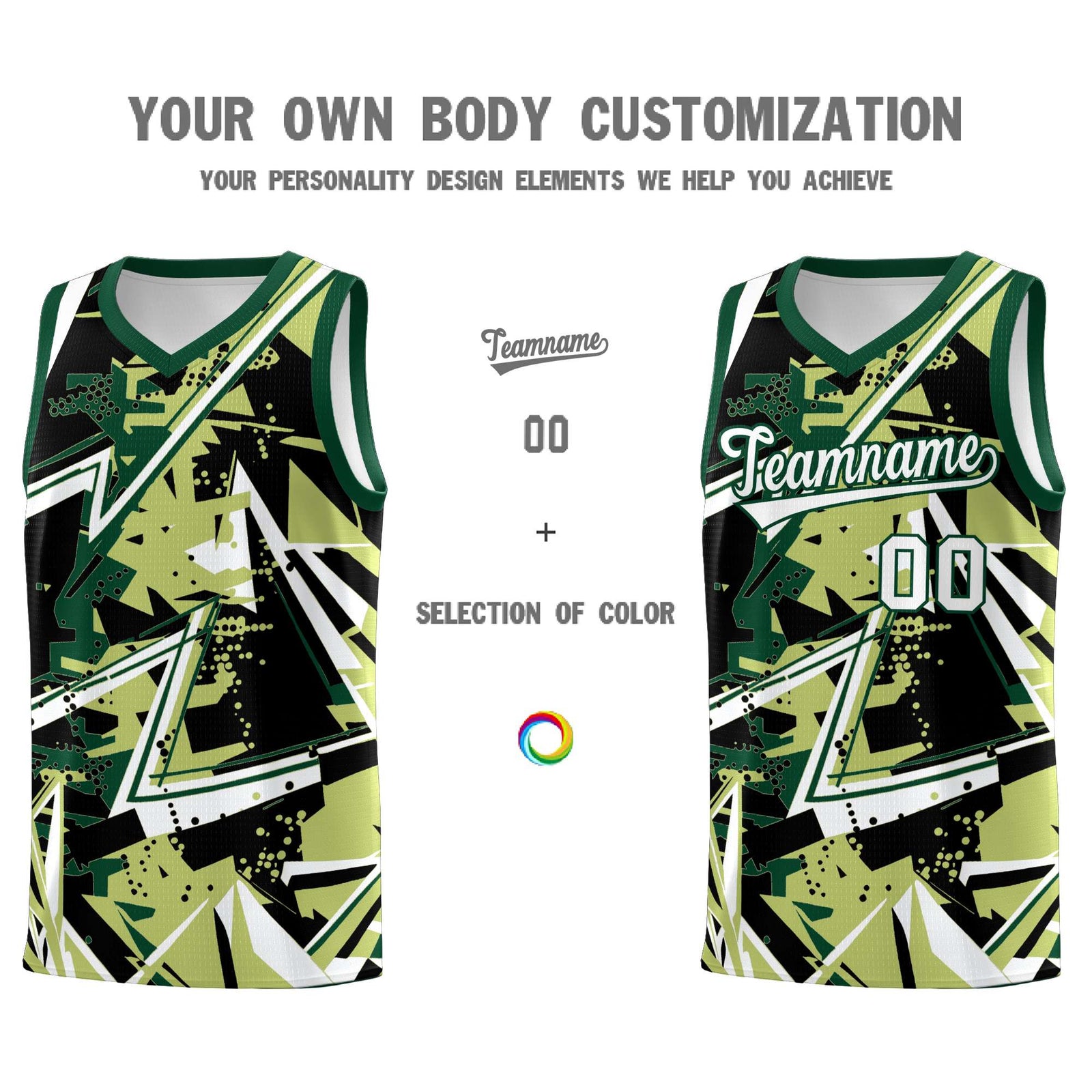Custom Youth Basketball Jerseys Champagne Kelly Green Abstract Graffiti Urban Style Personalized Uniform