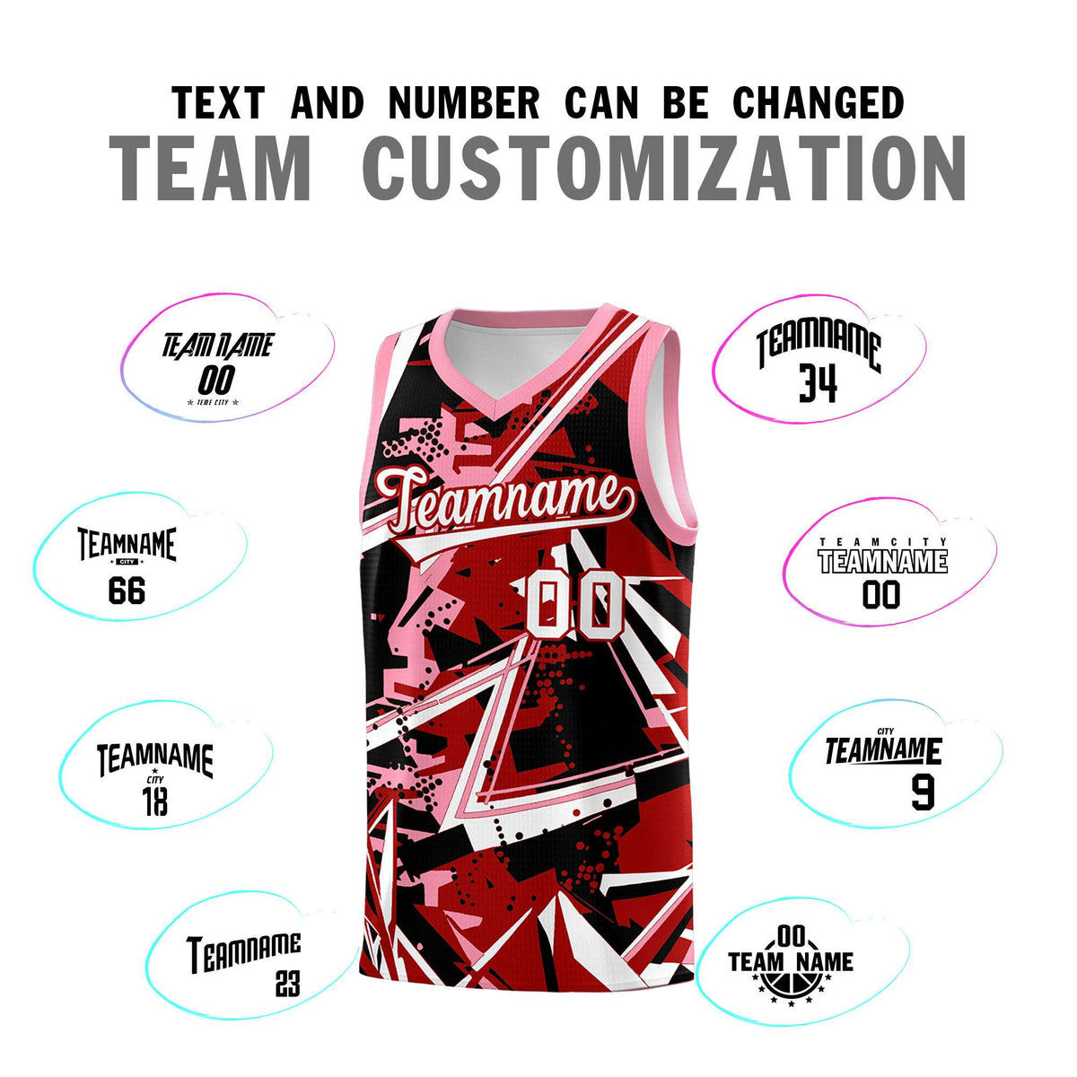 Custom Youth Basketball Jerseys Red Light Pink Abstract Graffiti Personalized Street Style Uniform