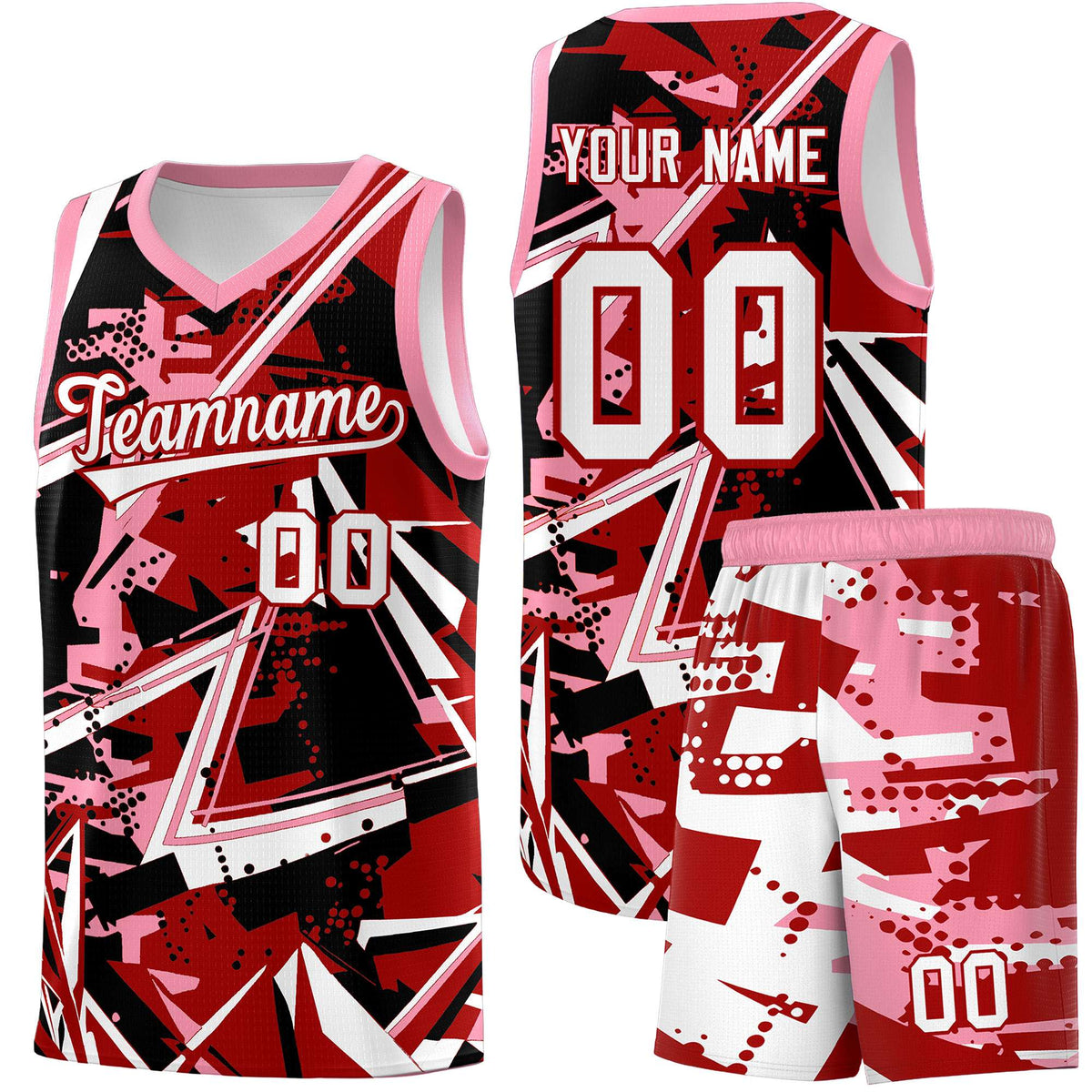 Custom Youth Basketball Jerseys Red Light Pink Abstract Graffiti Personalized Street Style Uniform