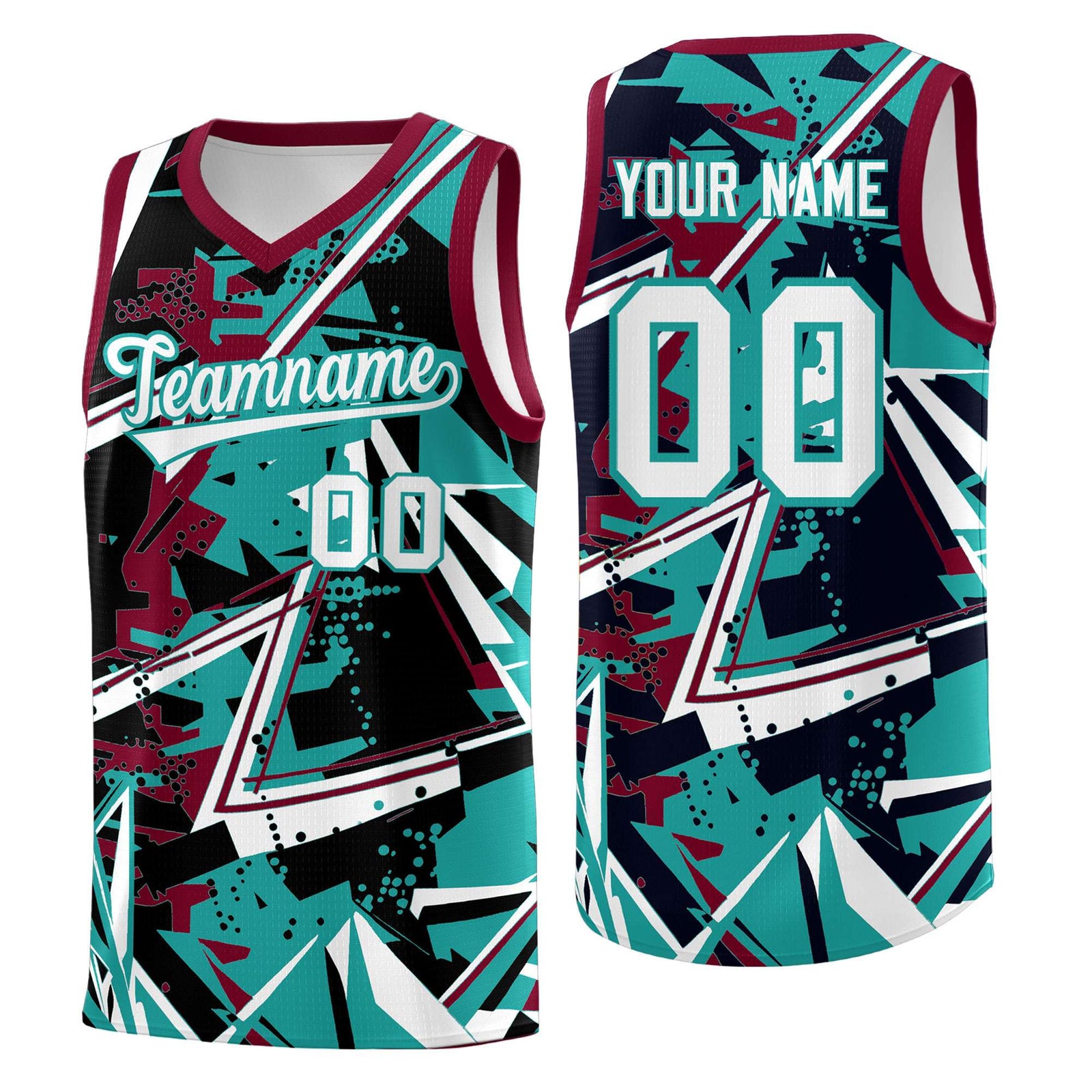 Custom Youth Basketball Jerseys Teal Crimson Abstract Graffiti Personalized Team Name & Number