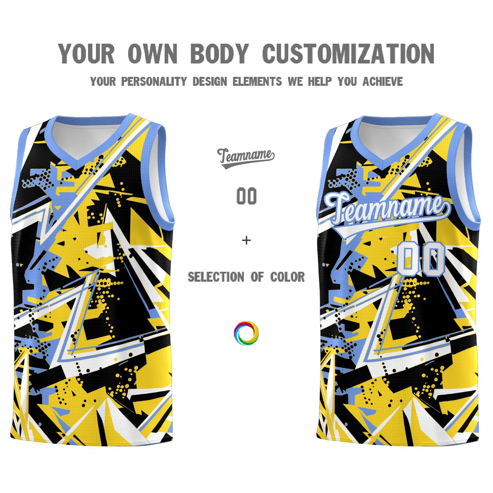 Custom Youth Basketball Jerseys Gold Light Blue Abstract Graffiti Urban Style Personalized Uniform