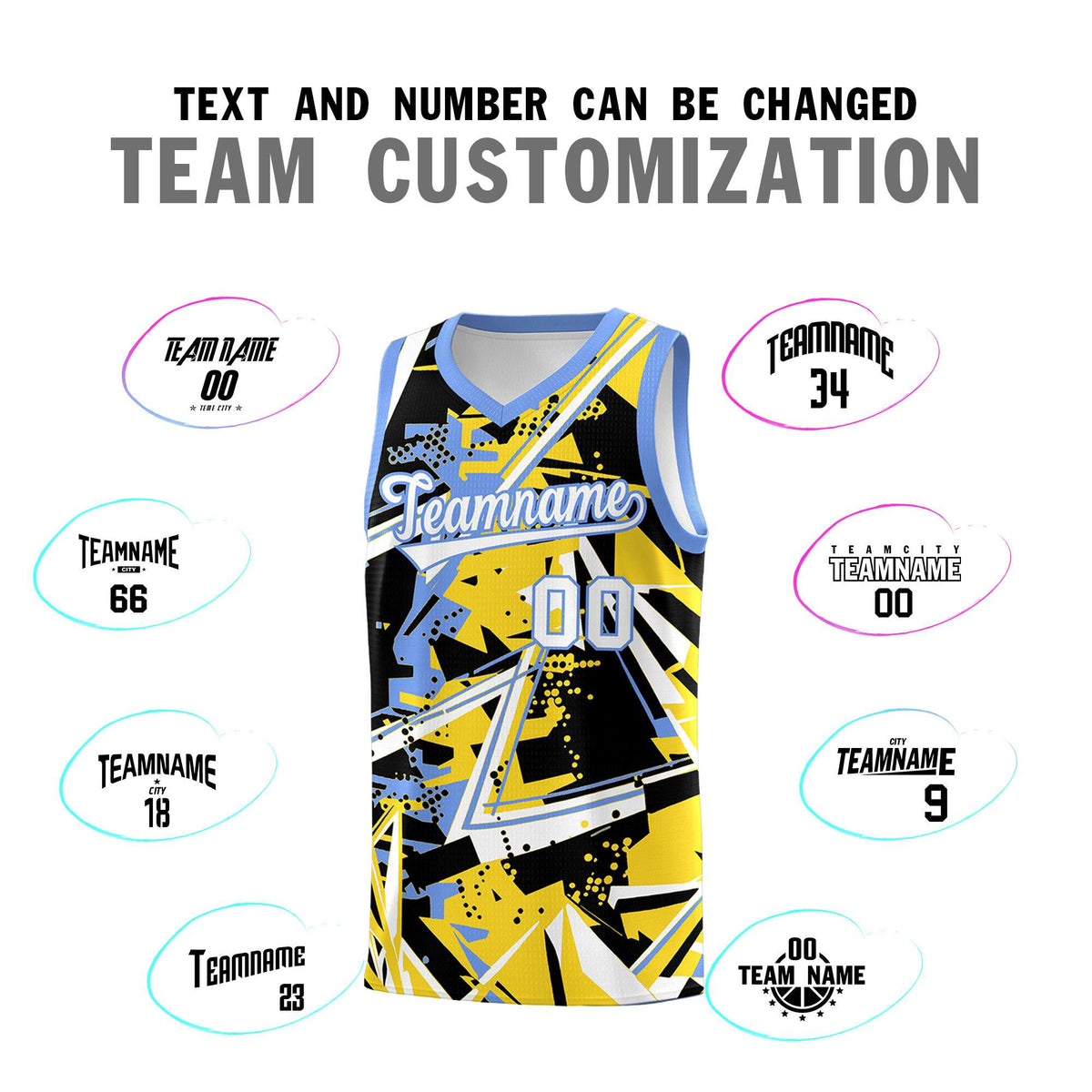 Custom Youth Basketball Jerseys Gold Light Blue Abstract Graffiti Urban Style Personalized Uniform