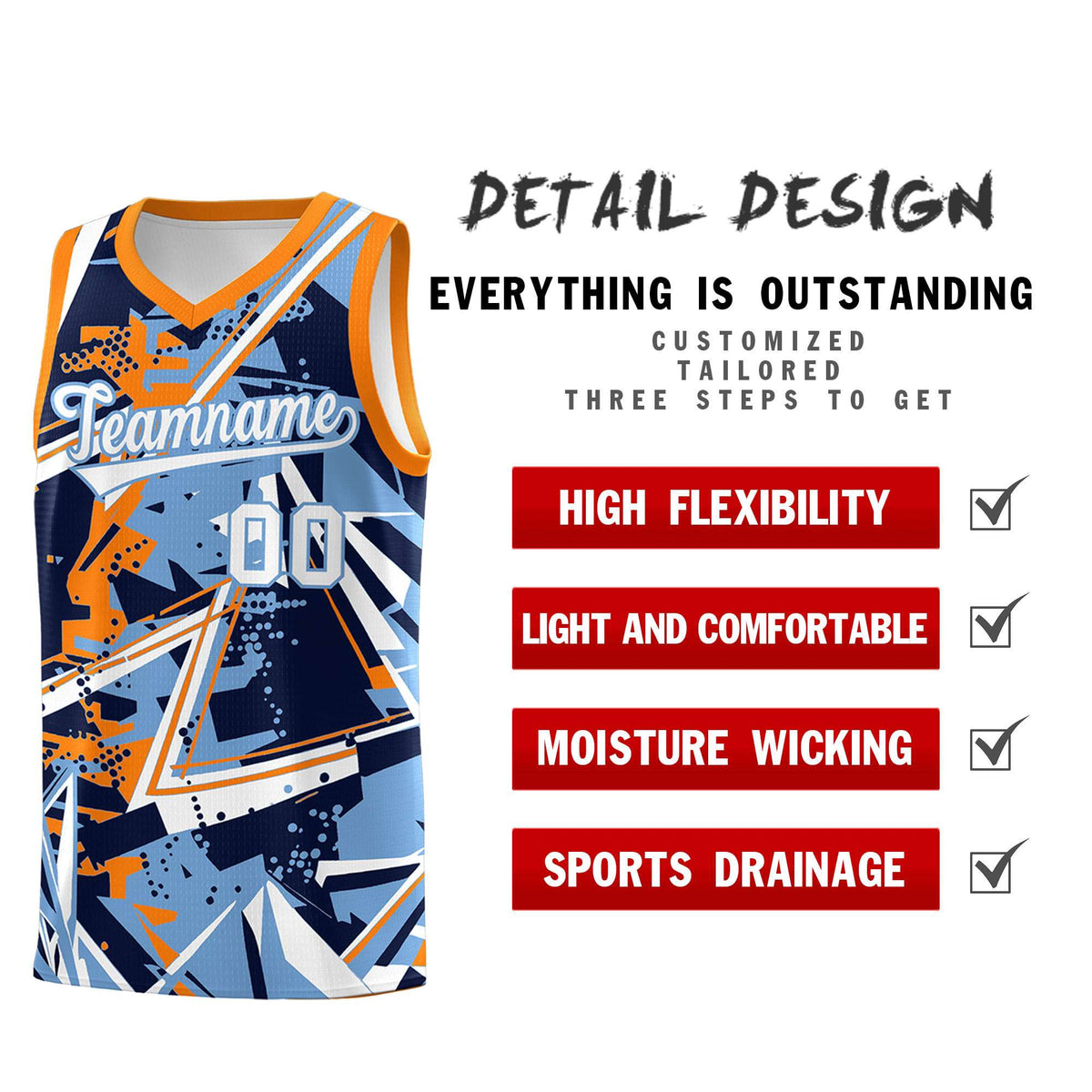 Custom Youth Basketball Jerseys Powder Blue Orange Abstract Graffiti Personalized Team Name &amp; Number