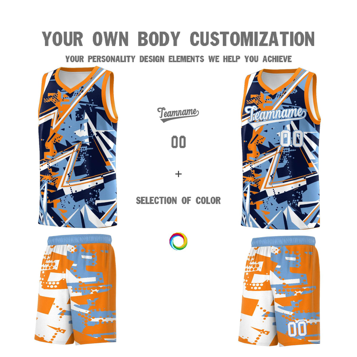 Custom Youth Basketball Jerseys Powder Blue Orange Abstract Graffiti Personalized Team Name &amp; Number