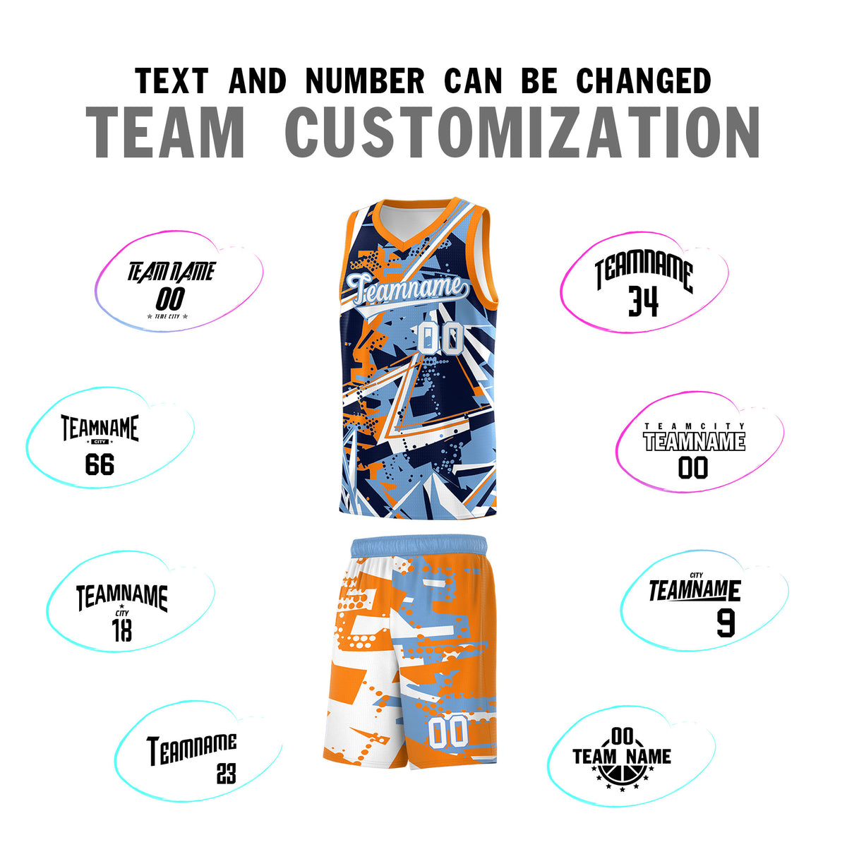 Custom Youth Basketball Jerseys Powder Blue Orange Abstract Graffiti Personalized Team Name &amp; Number