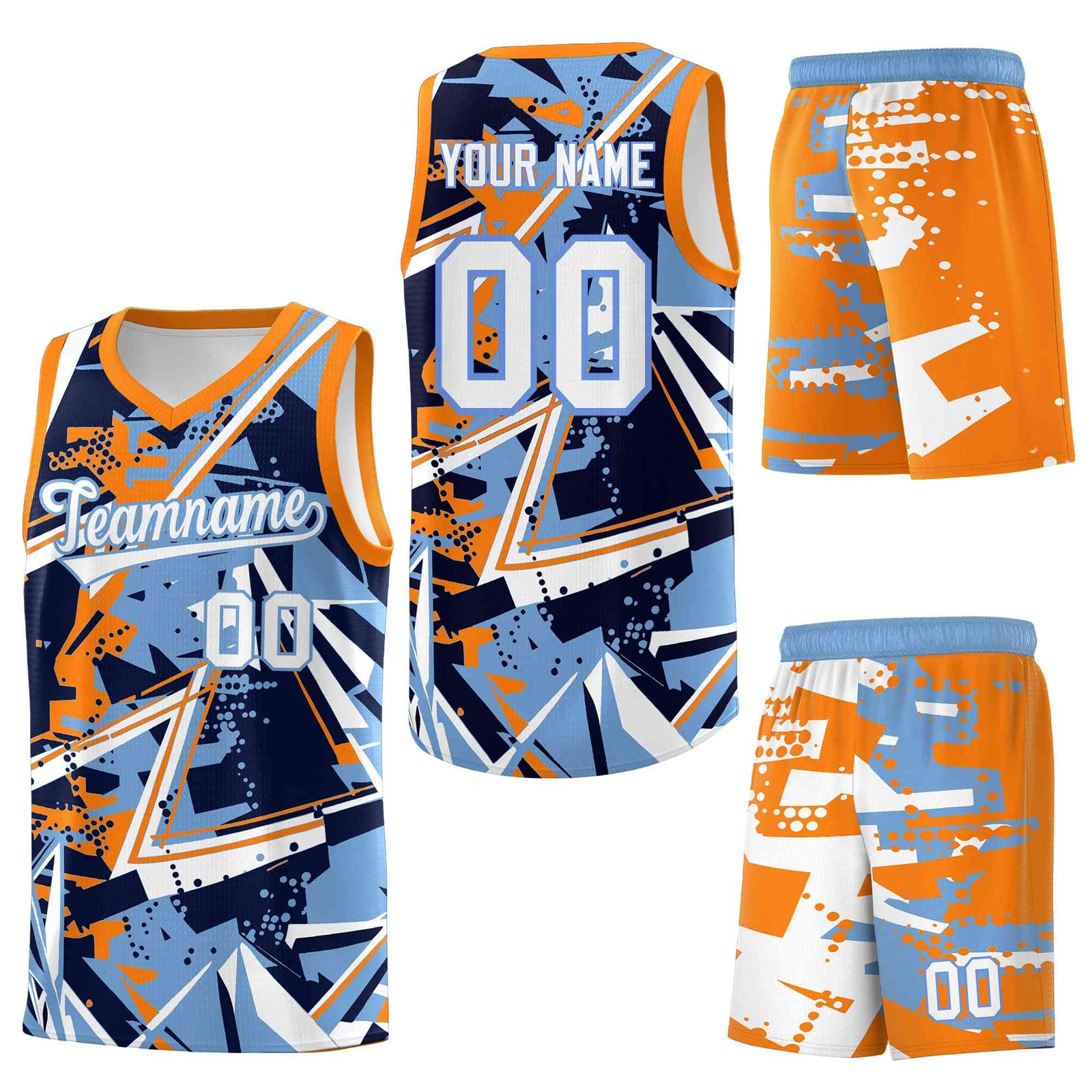 Custom Youth Basketball Jerseys Powder Blue Orange Abstract Graffiti Personalized Team Name & Number
