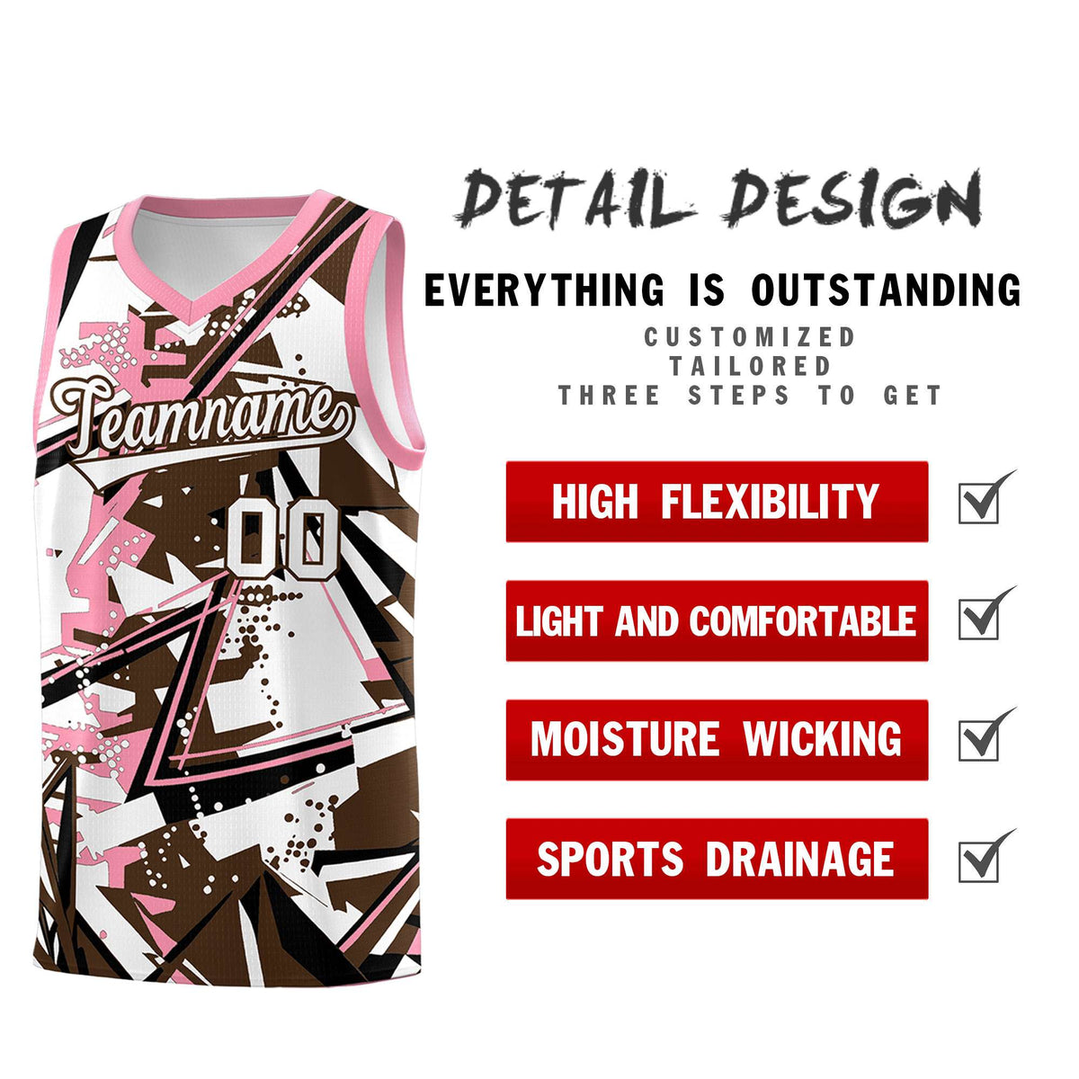 Custom Youth Basketball Jerseys Brown Light Pink Abstract Graffiti Urban Style Personalized Uniform