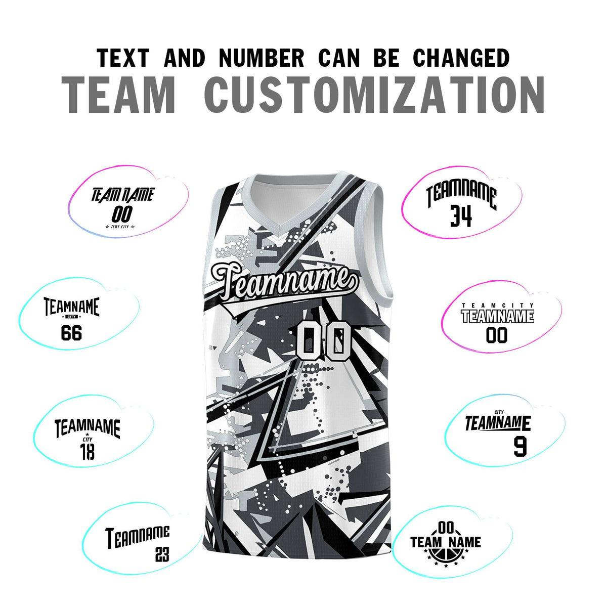 Custom Youth Basketball Jerseys Gray Silver Abstract Graffiti Personalized Team Name &amp; Number