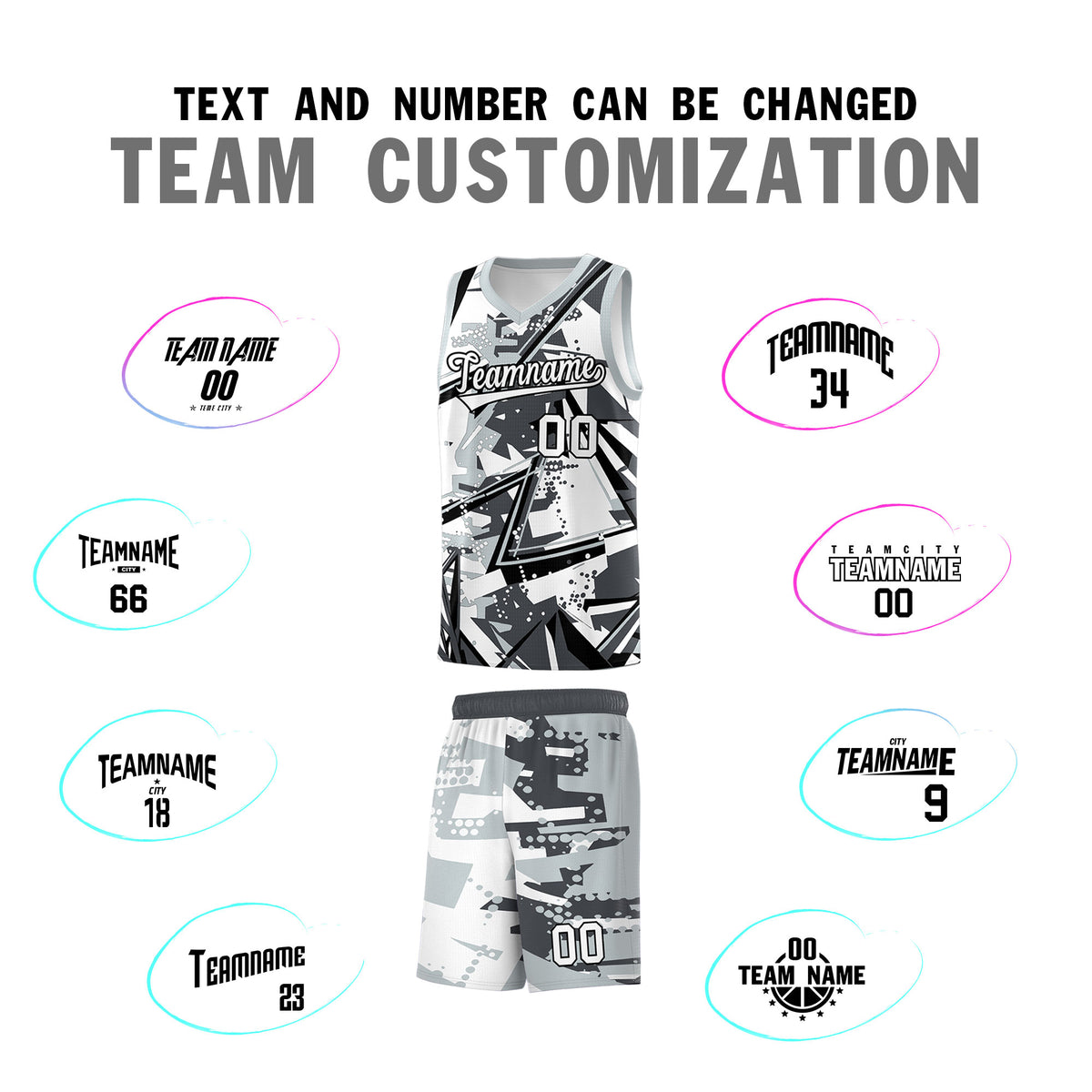 Custom Youth Basketball Jerseys Gray Silver Abstract Graffiti Personalized Team Name &amp; Number