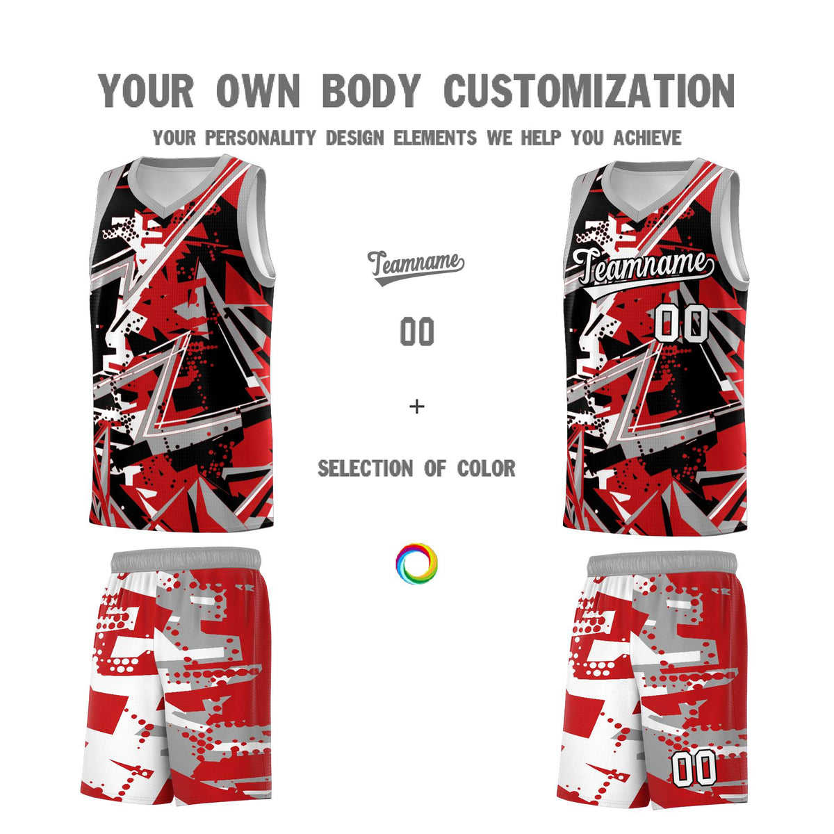 Custom Youth Basketball Jerseys Red Gray Abstract Graffiti Personalized Team Name &amp; Number