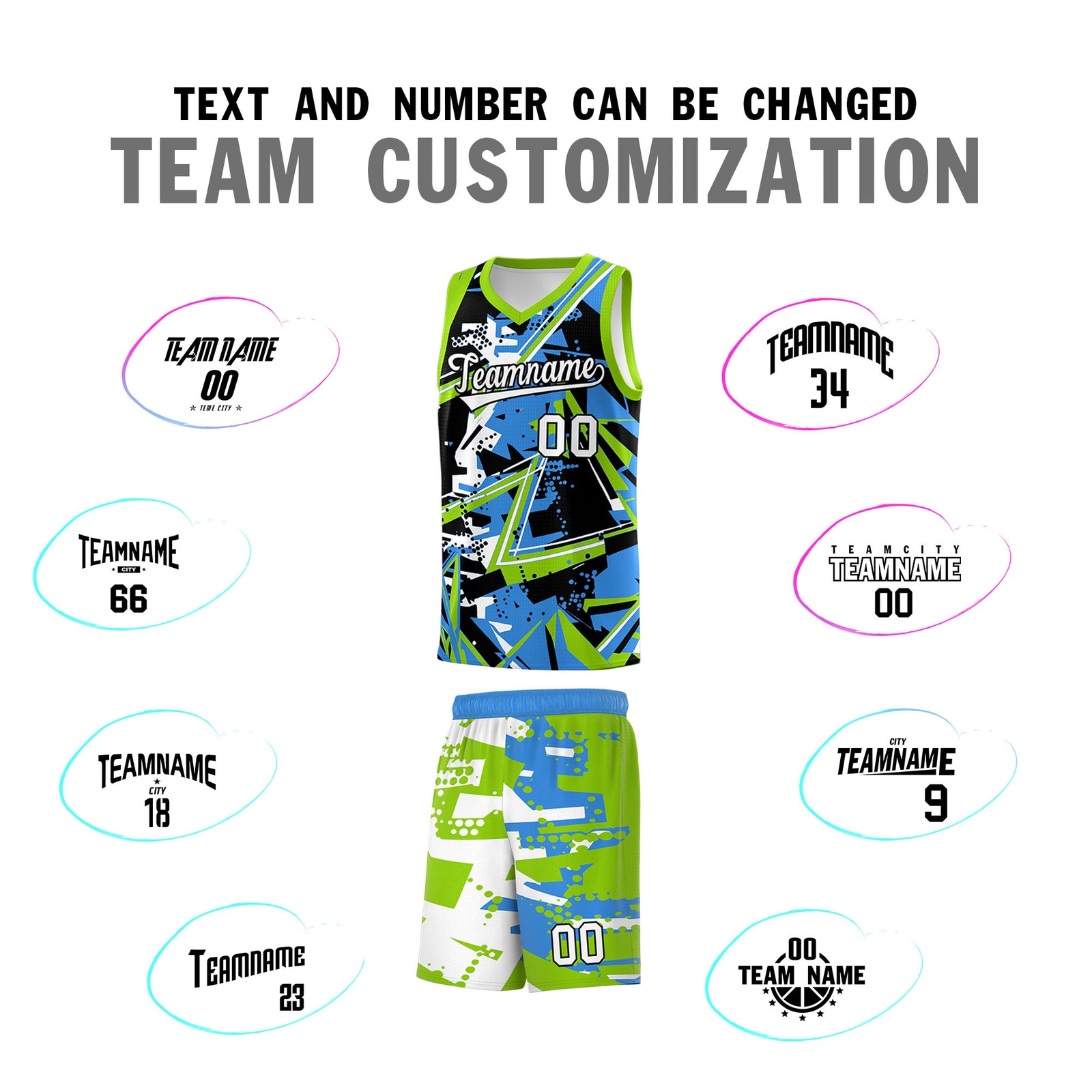 Custom Youth Basketball Jerseys Light Blue Neon Green Abstract Graffiti Personalized Street Style Uniform