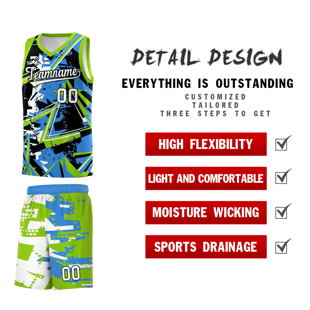 Custom Youth Basketball Jerseys Light Blue Neon Green Abstract Graffiti Personalized Street Style Uniform