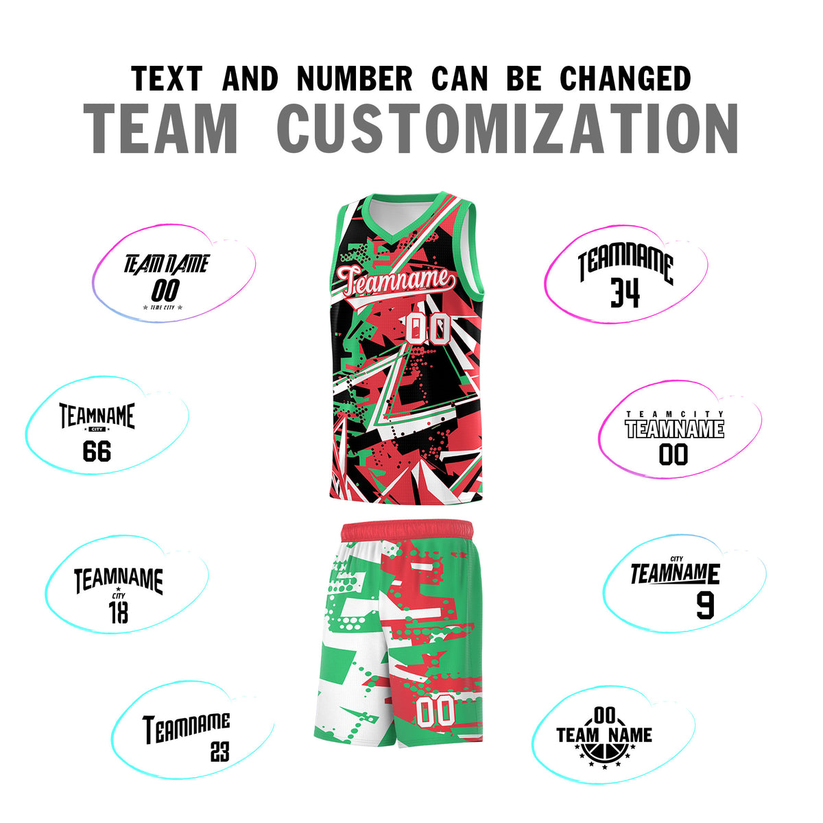 Custom Youth Basketball Jerseys Light Red Green Abstract Graffiti Urban Style Personalized Uniform