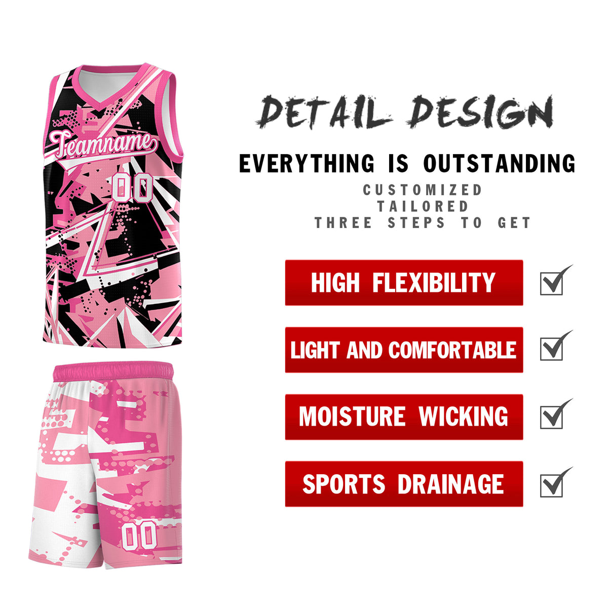 Custom Youth Basketball Jerseys Light Pink Rose Red Abstract Graffiti Personalized Team Name &amp; Number