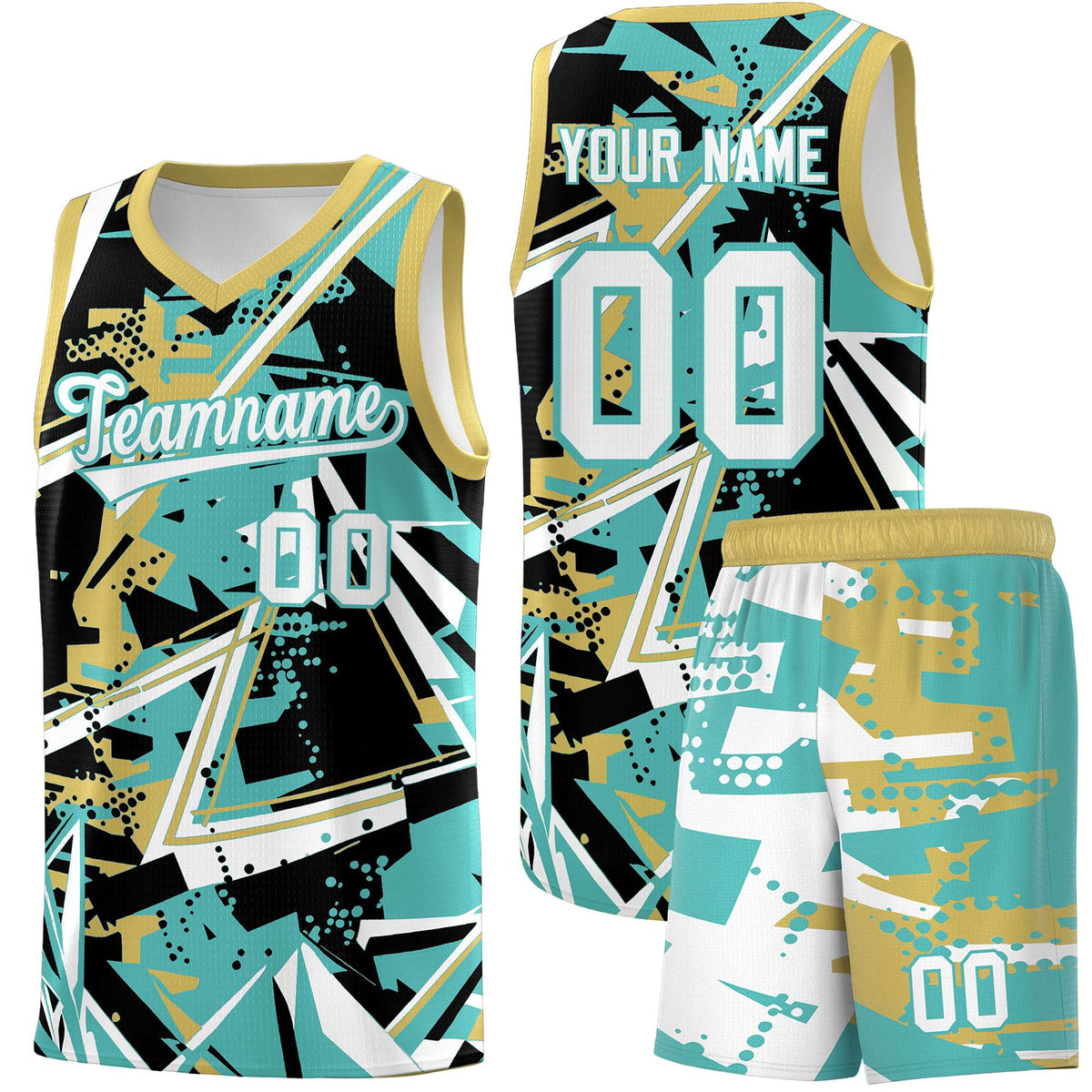 Custom Youth Basketball Jerseys Teal Old Gold Abstract Graffiti Personalized Street Style Uniform
