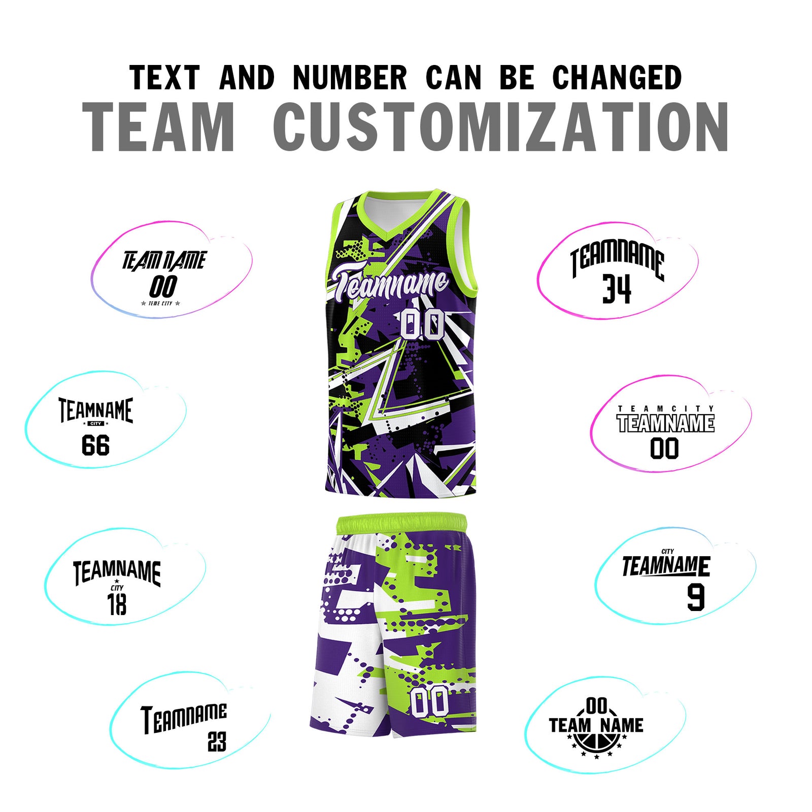 Custom Youth Basketball Jerseys Purple Neon Green Abstract Graffiti Personalized Team Name & Number