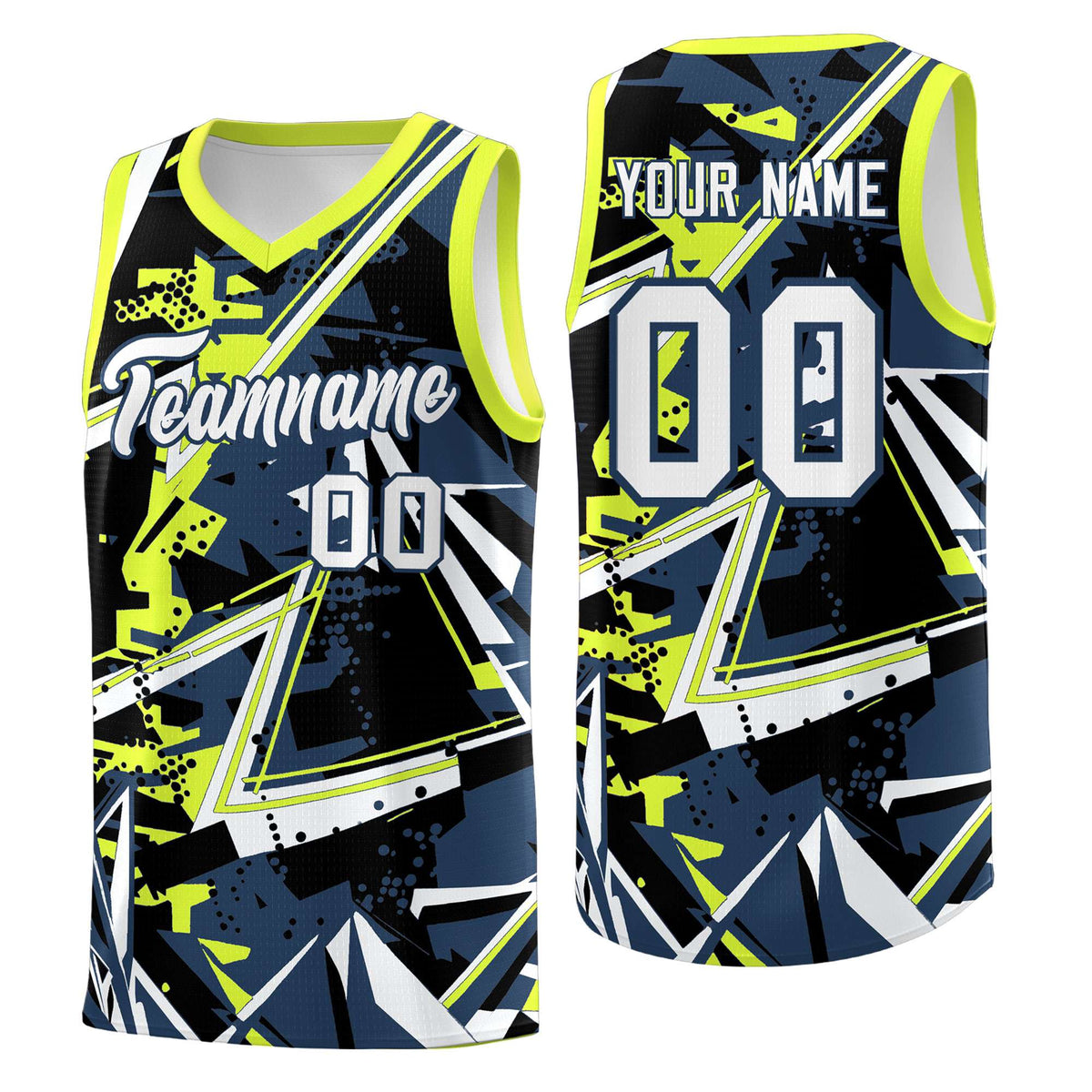 Custom Youth Basketball Jerseys Midnight Blue Fluorescent Green Abstract Graffiti Urban Style Personalized Uniform