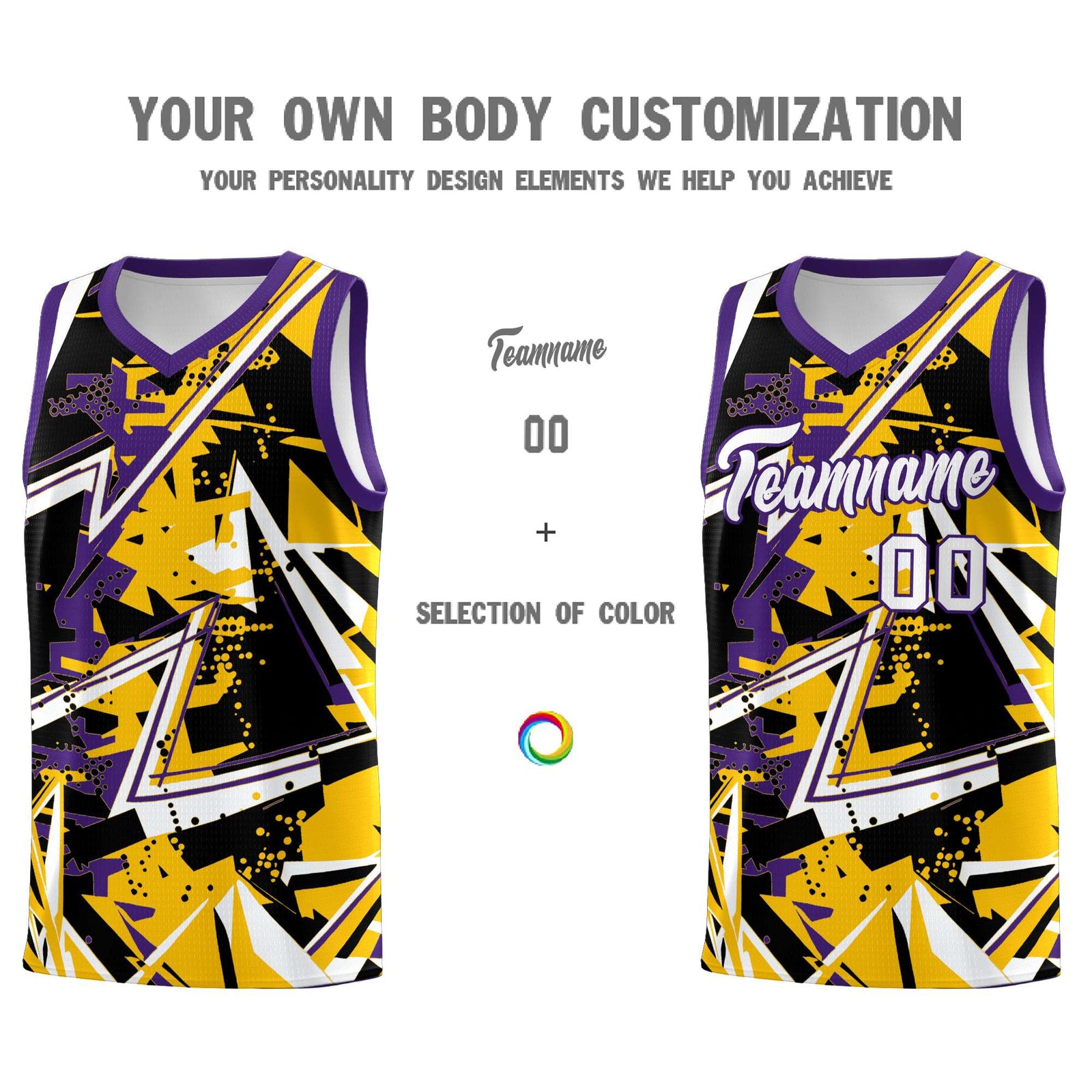 Custom Youth Basketball Jerseys Yellow Purple Abstract Graffiti Personalized Team Name & Number