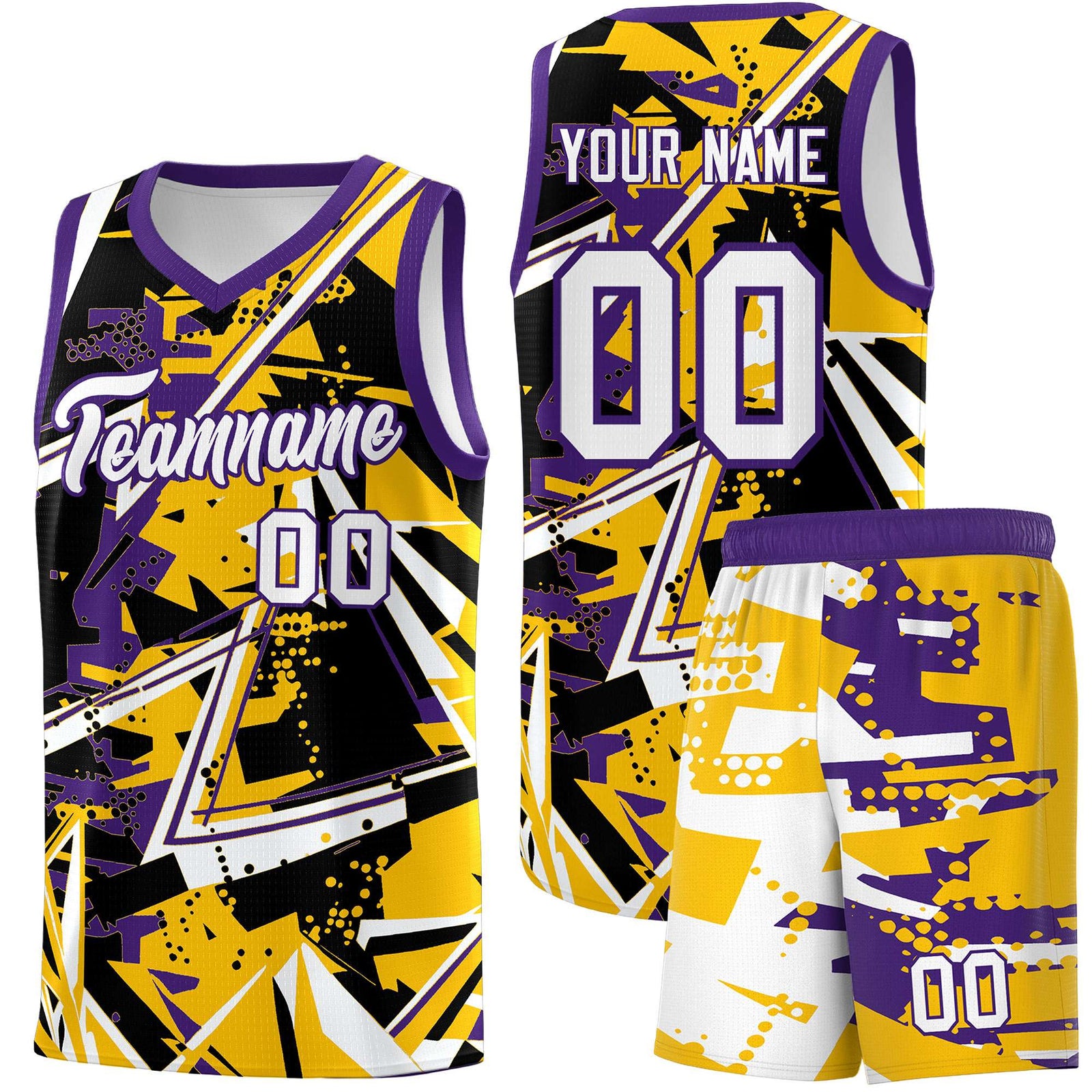 Custom Youth Basketball Jerseys Yellow Purple Abstract Graffiti Personalized Team Name & Number