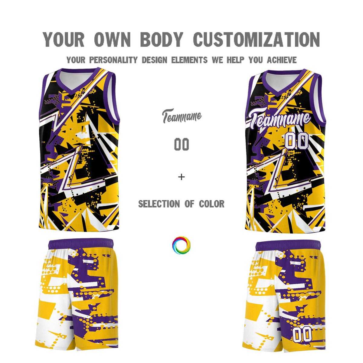 Custom Youth Basketball Jerseys Yellow Purple Abstract Graffiti Personalized Team Name &amp; Number