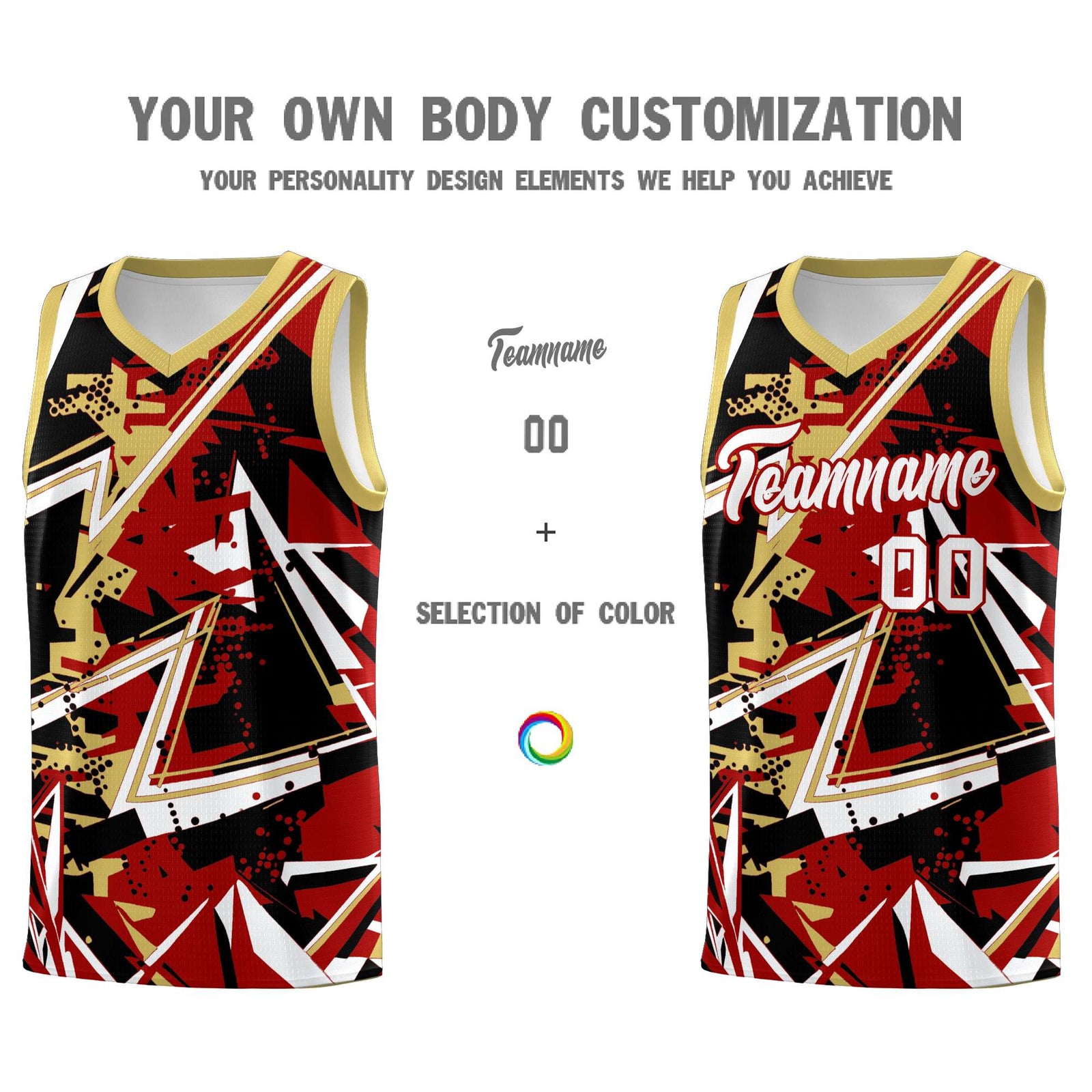Custom Youth Basketball Jerseys Red Old Gold Abstract Graffiti Personalized Team Name & Number