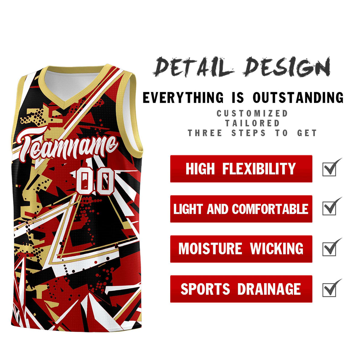 Custom Youth Basketball Jerseys Red Old Gold Abstract Graffiti Personalized Team Name &amp; Number
