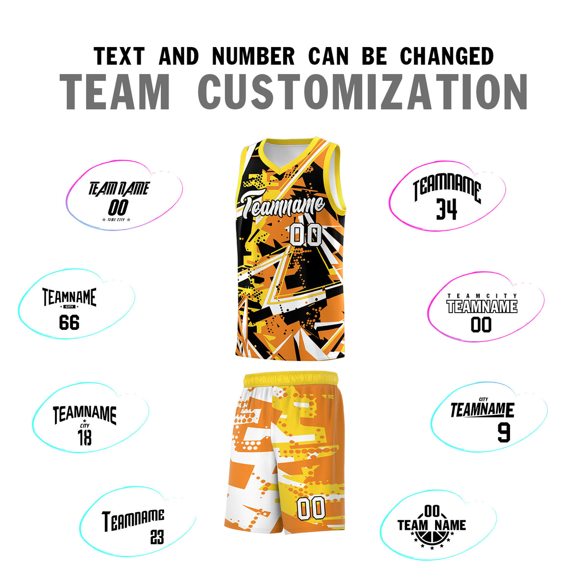 Custom Youth Basketball Jerseys Orange Gold Abstract Graffiti Personalized Street Style Uniform
